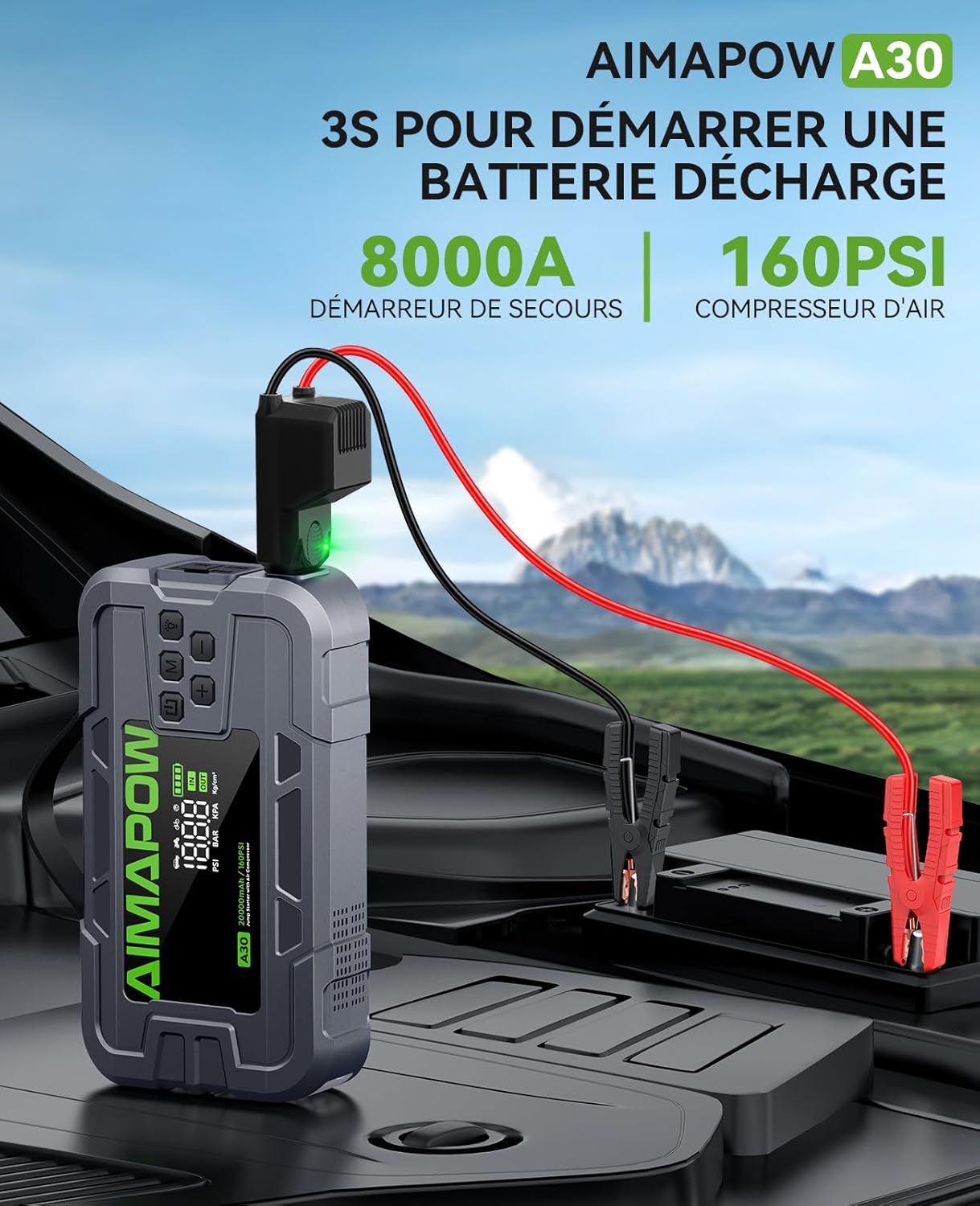Thumbnail 1 de AIMAPOW Booster Batterie Voiture 12V 8000A avec compresseur 160 PSI, démarreur portable et lampe LED 600 lm