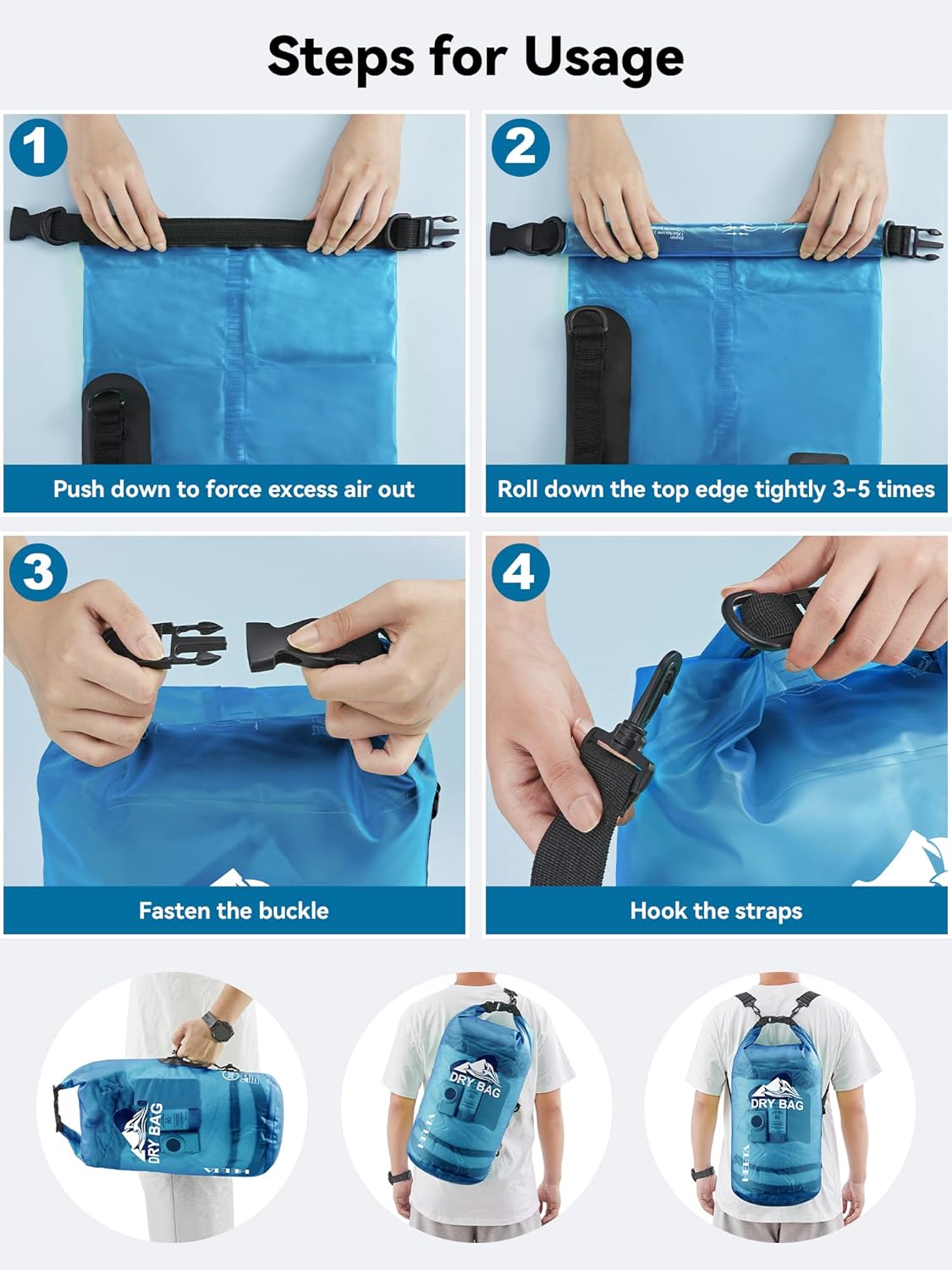Detalle de HEETA Dry Bag Waterproof 5L with Phone Case: Lightweight, Roll-Top Dry Storage for Water Sports