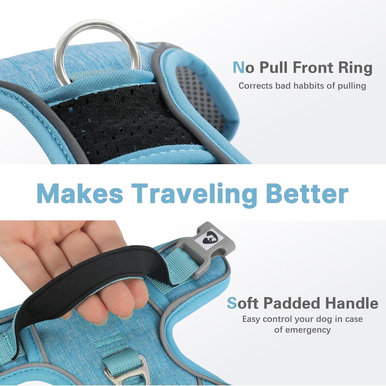 Thumbnail 3 de Belababy Medium Dog Harness (Anti Pull) with Soft Padded Handle, Reflective Straps – Light Blue, Size M