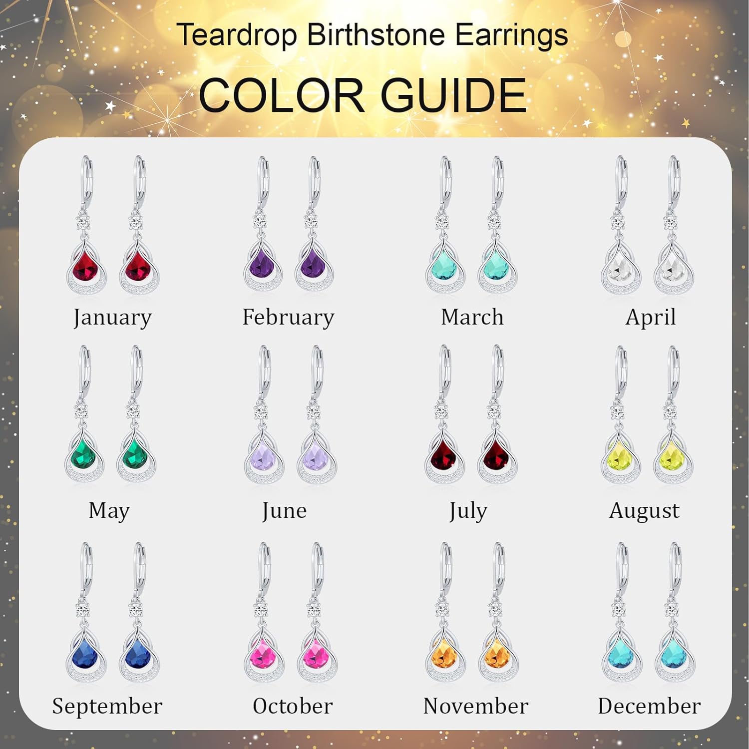 Detalle de Gold Earring Trendy Leverback Birthstone Earrings in 14K White Gold Plating — Teardrop Dangle