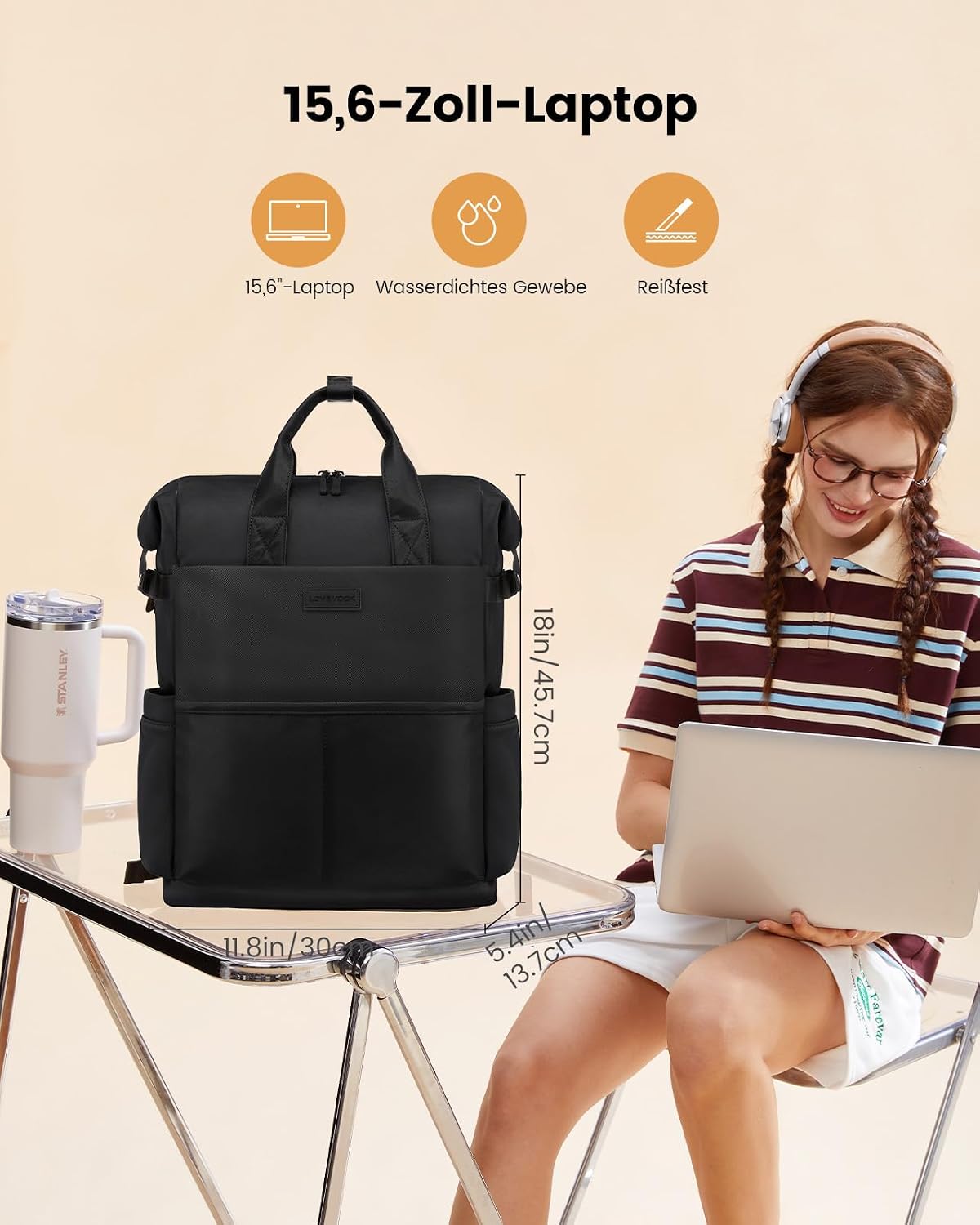 Thumbnail 3 de LOVEVOOK Rucksack Damen Laptop 15,6 Zoll – Wasserdicht, großer Öffnungswinkel und viel Platz für Schule, Uni und Beruf