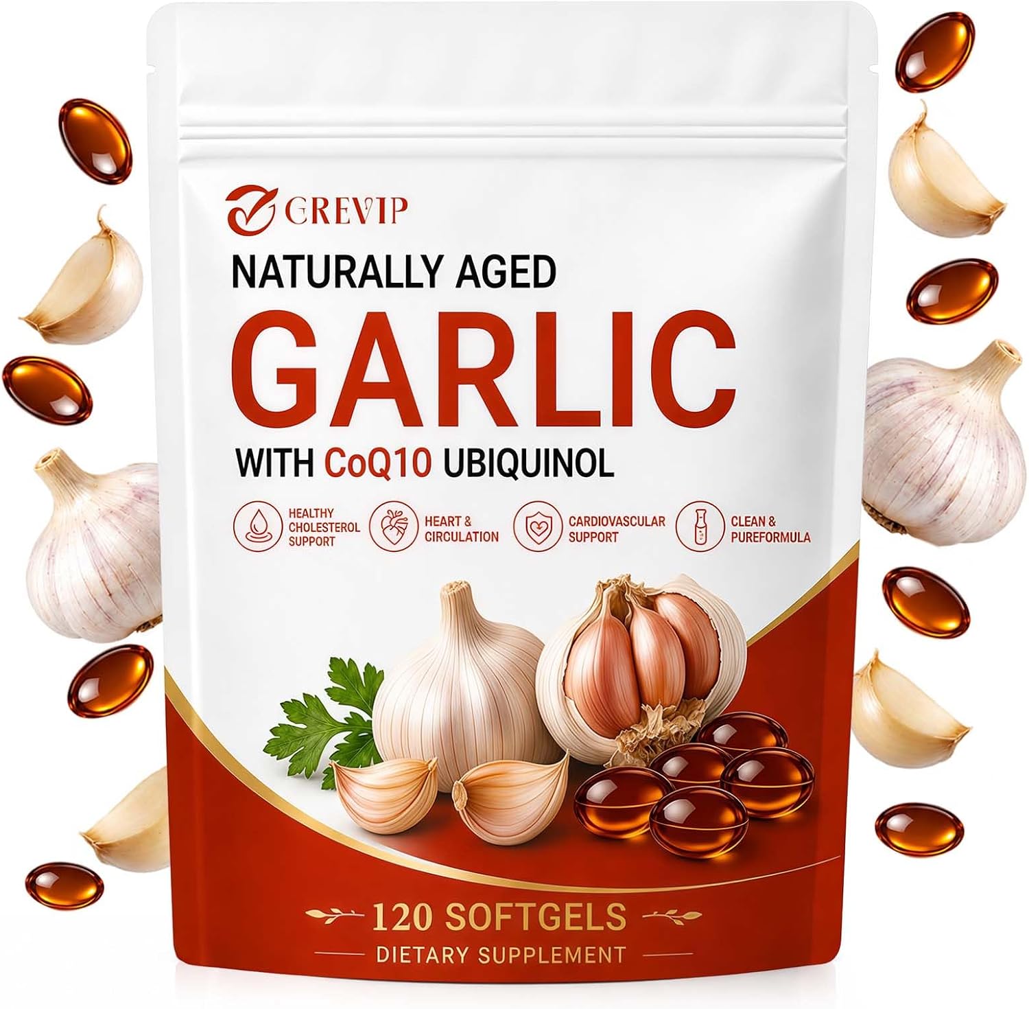 Detalle de GREVIP Aged Garlic Extract Softgels, 120 Count with CoQ10 and Vitamin K2