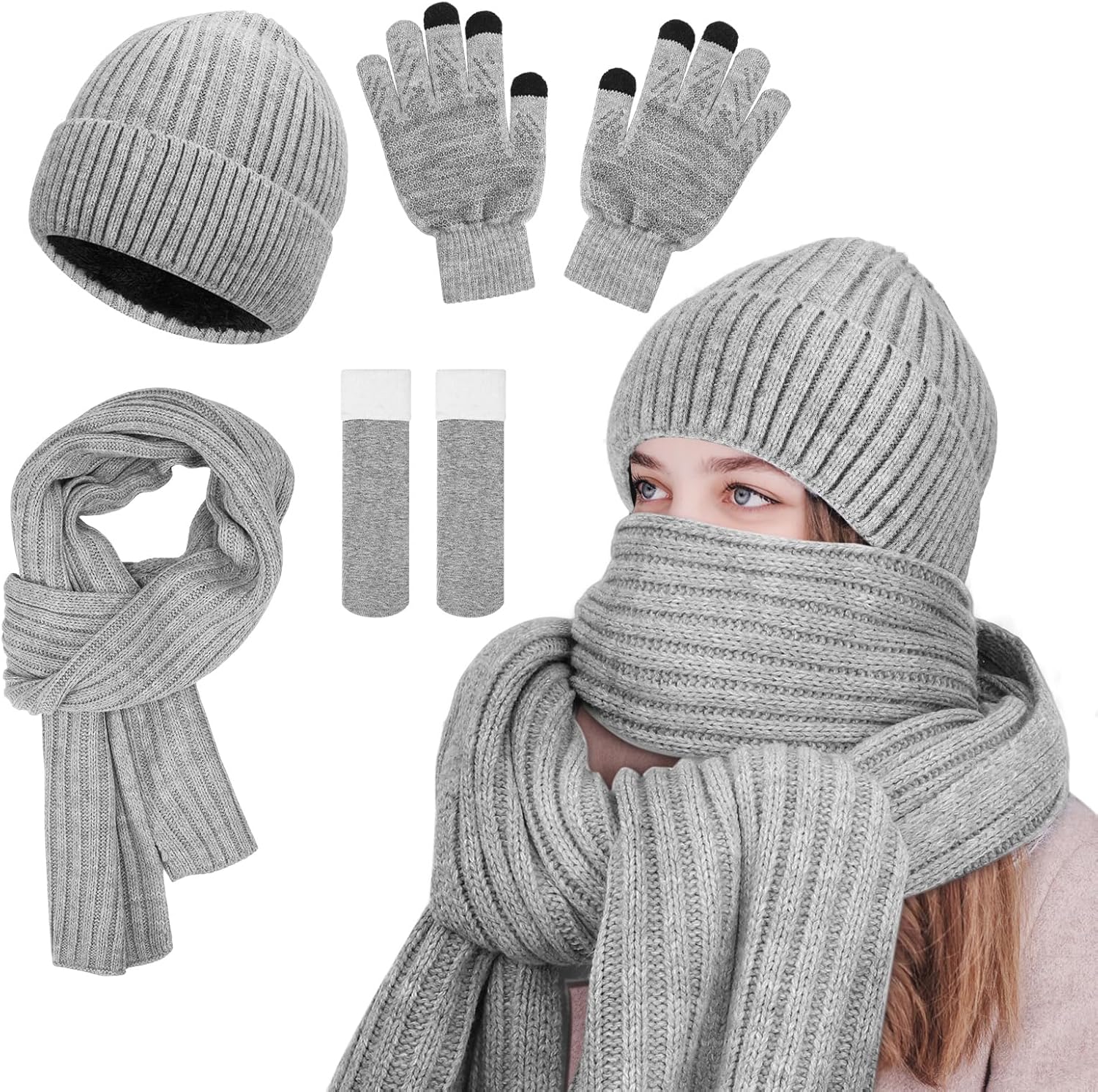 Detalle de GSrenyu Knitted Hat Scarf and Gloves Set 4‑piece