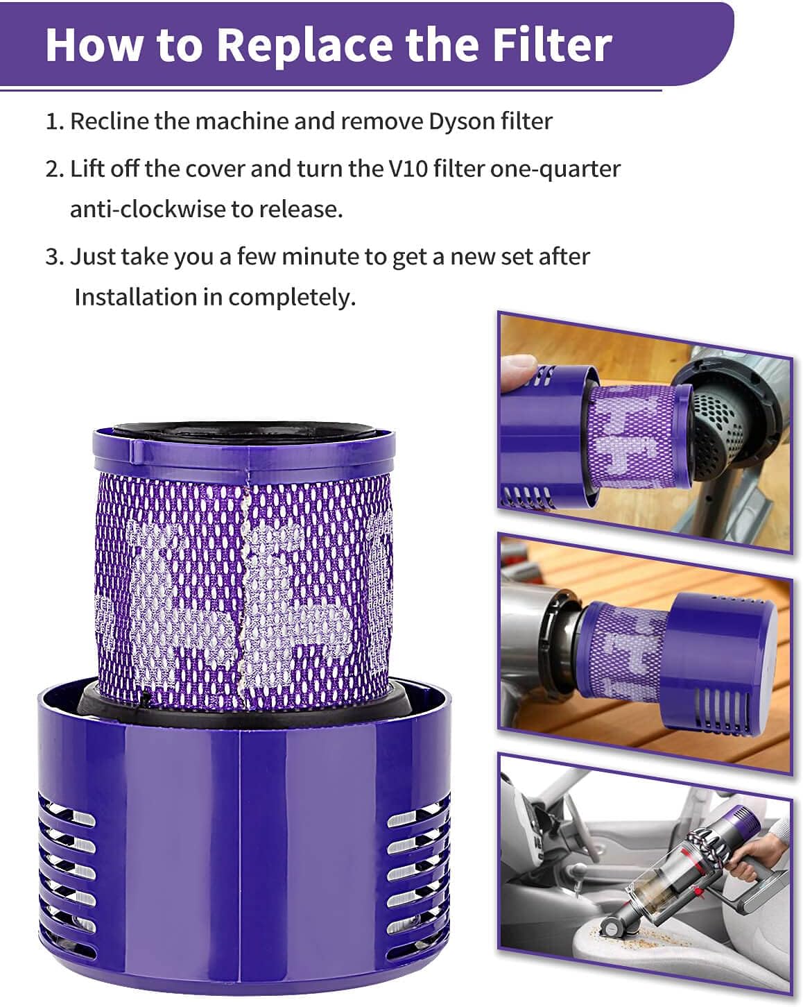 Detalle 2 de BONBELONG Replacement Filter V10 for Dyson V10 Series – 2 Pack Washable HEPA Filters