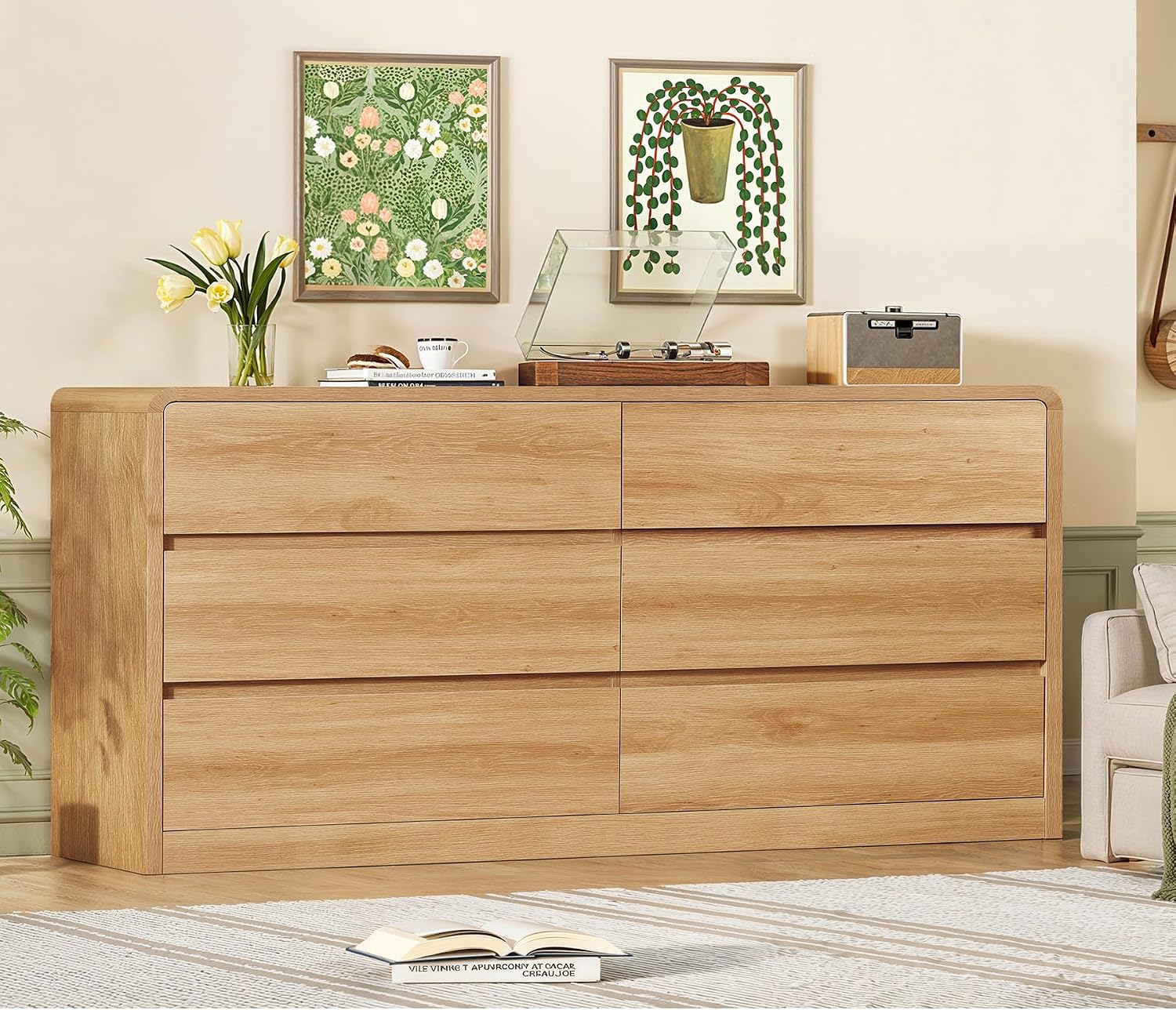 Detalle 1 de TEENFON dressers 55-Inch 6-Drawer Dresser, Natural Finish with Curved Profile
