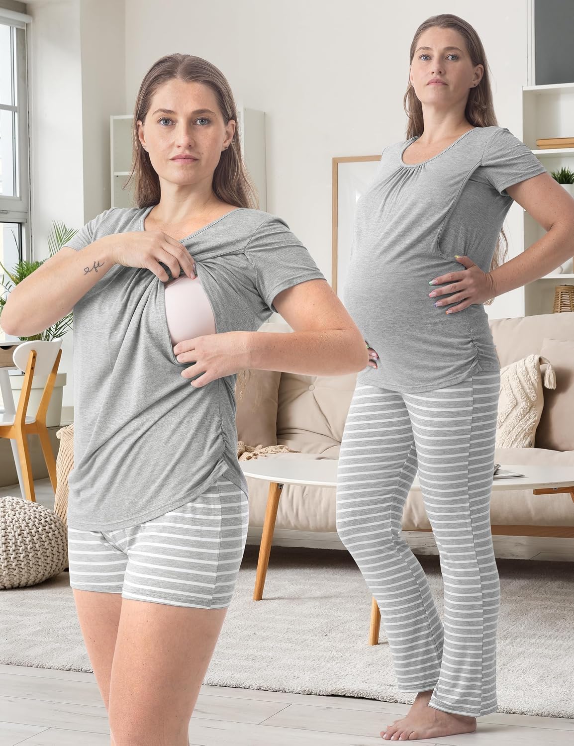 Detalle de SUNNYBUY 3-teiliges Stillpyjama-Set für Damen – Kurzarm-Stillshirts, Umstandsshorts und Bauch-Hose