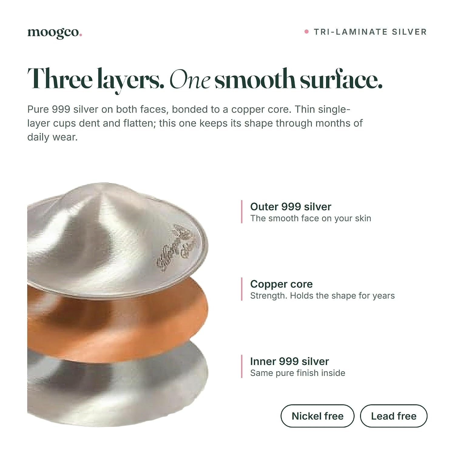 Detalle de MOOGCO mo-01 Silver Nursing Cups, 999k Tri-Laminate, Regular, Set of 2