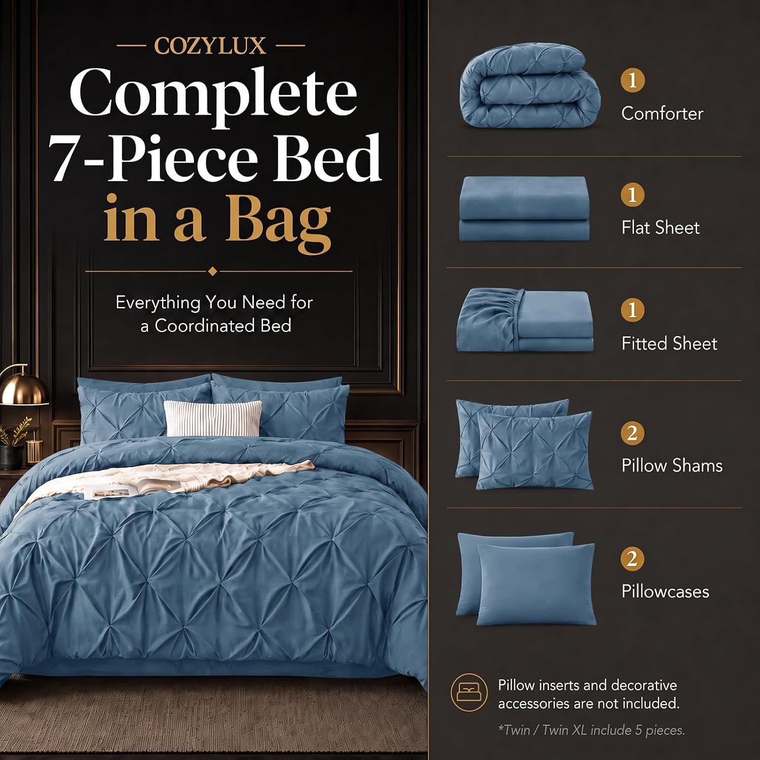 Detalle 2 de CozyLux CLUS24G20L8FU Full Comforter Set, 7-Piece Dusty Blue Pintuck Bedding