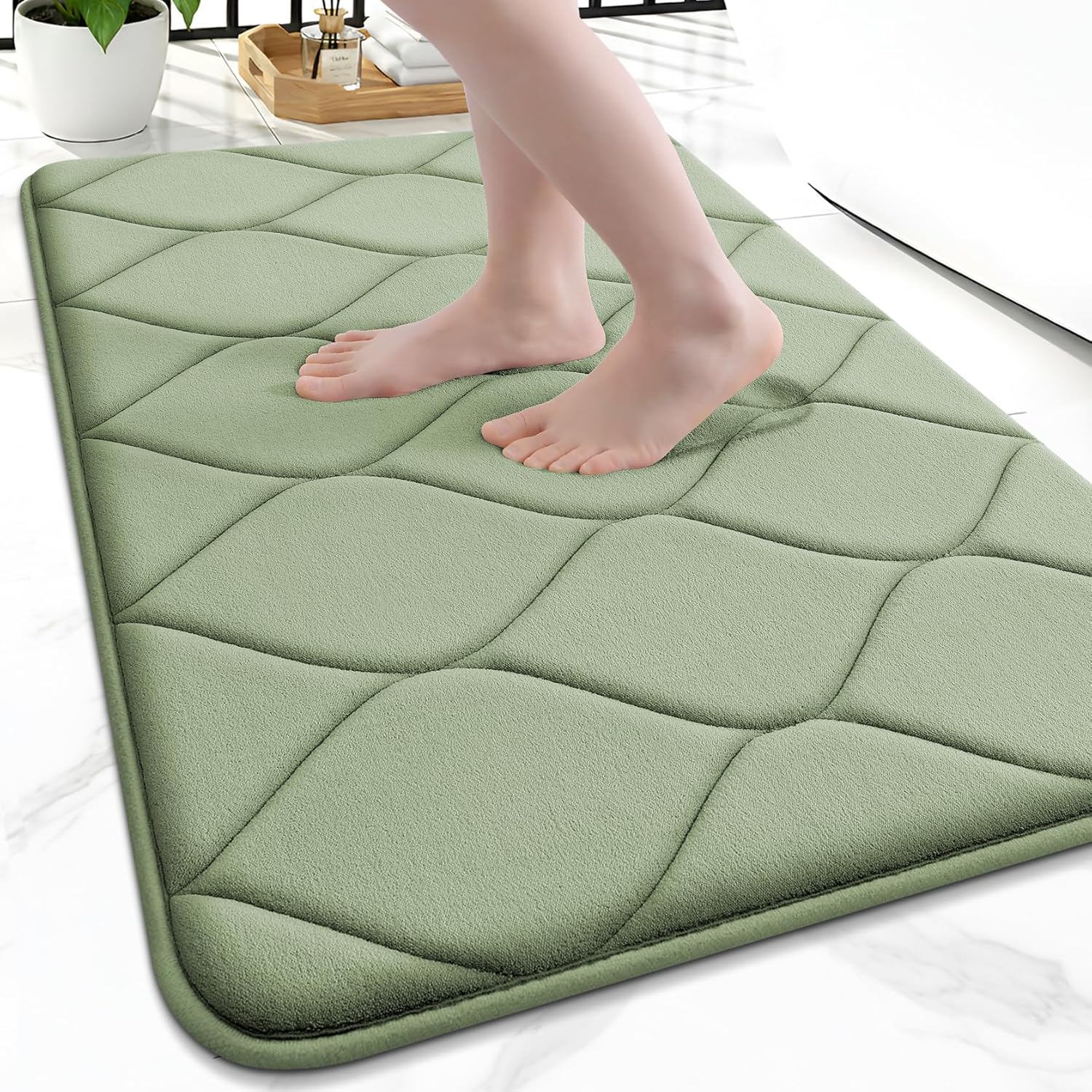 Smiry Memory Foam Bath Mat 36"x24" in Sage Green — Ultra Soft Non-Slip, Quick-Dry & Machine Washable