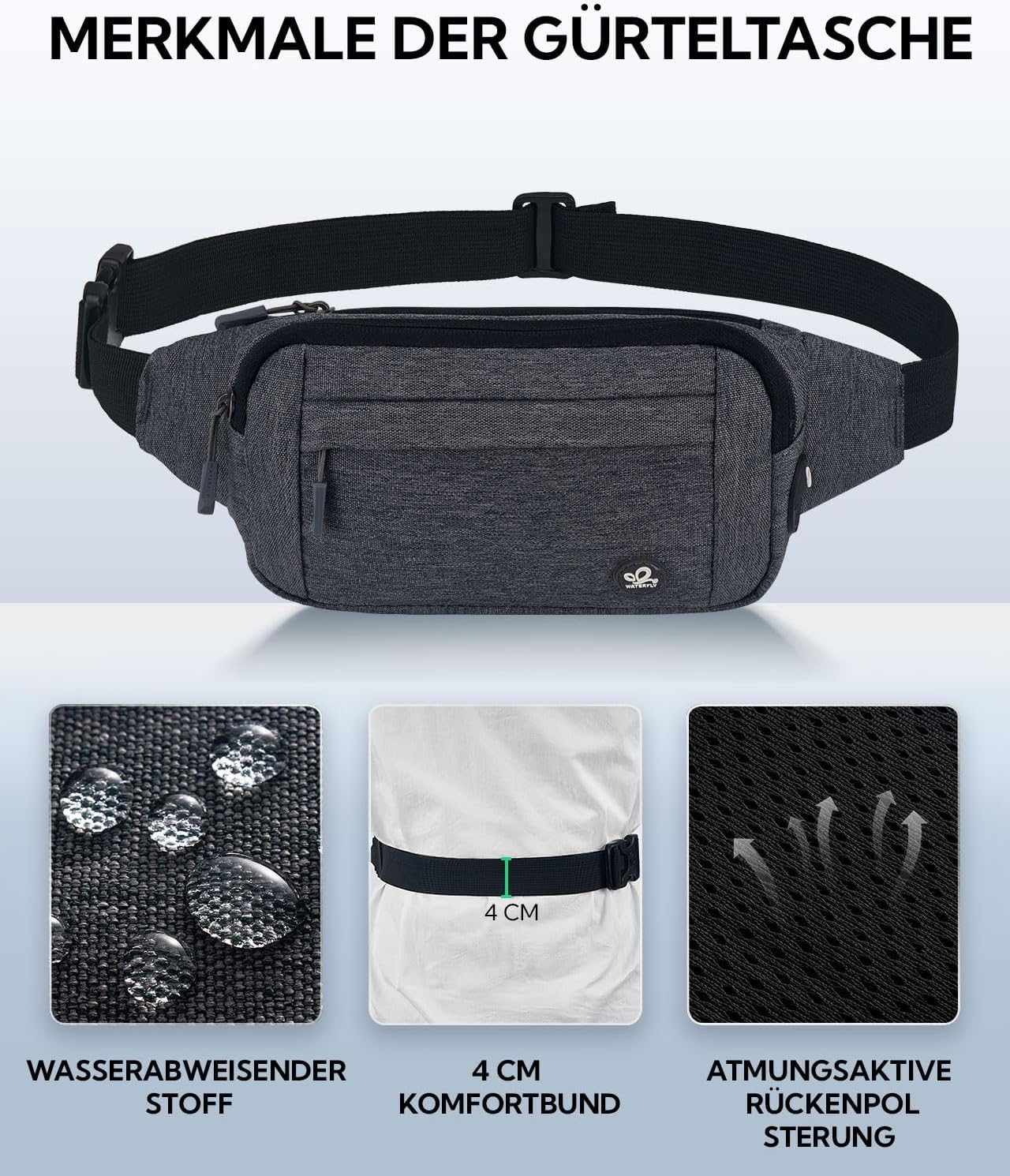 Thumbnail 5 de WATERFLY Bauchtasche / Hüfttasche für Damen & Herren – kleine Gürteltasche Sport, dunkelgrau, mit Verlängerungsgurt
