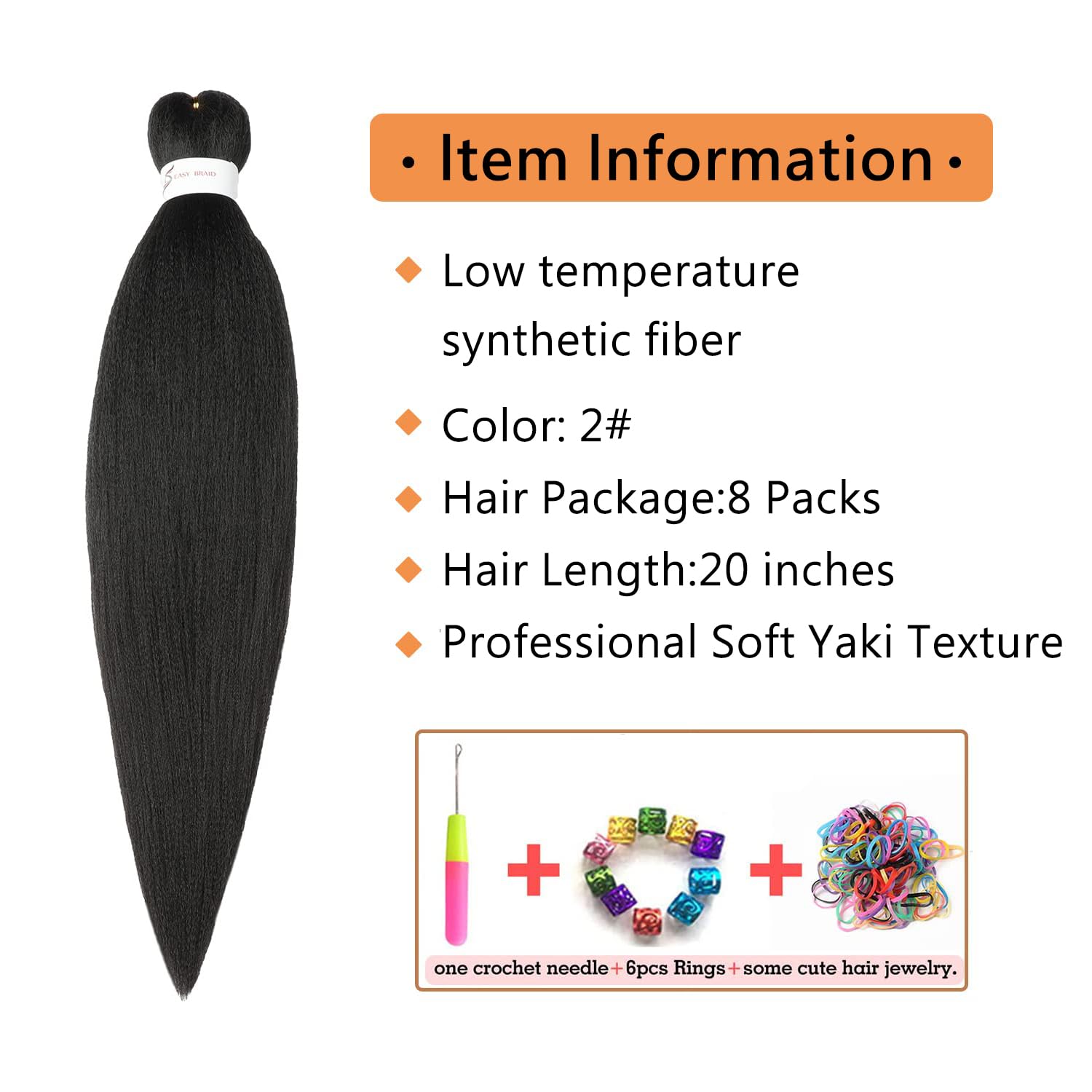 Detalle 2 de Ubeleco 20-Inch Pre-Stretched Braiding Hair, 8-Pack, #2 Yaki Synthetic Fiber
