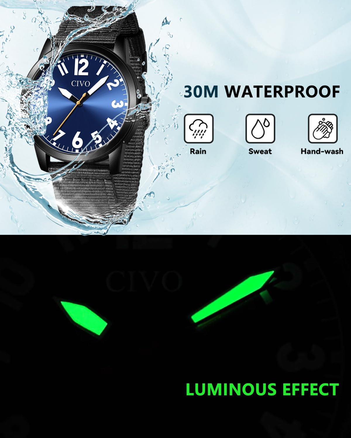 Detalle de CIVO Herren Analog-Uhr mit gut lesbarem Ziffernblatt, 42 mm, wasserdicht (3ATM) – leicht & bequemes Nylonband