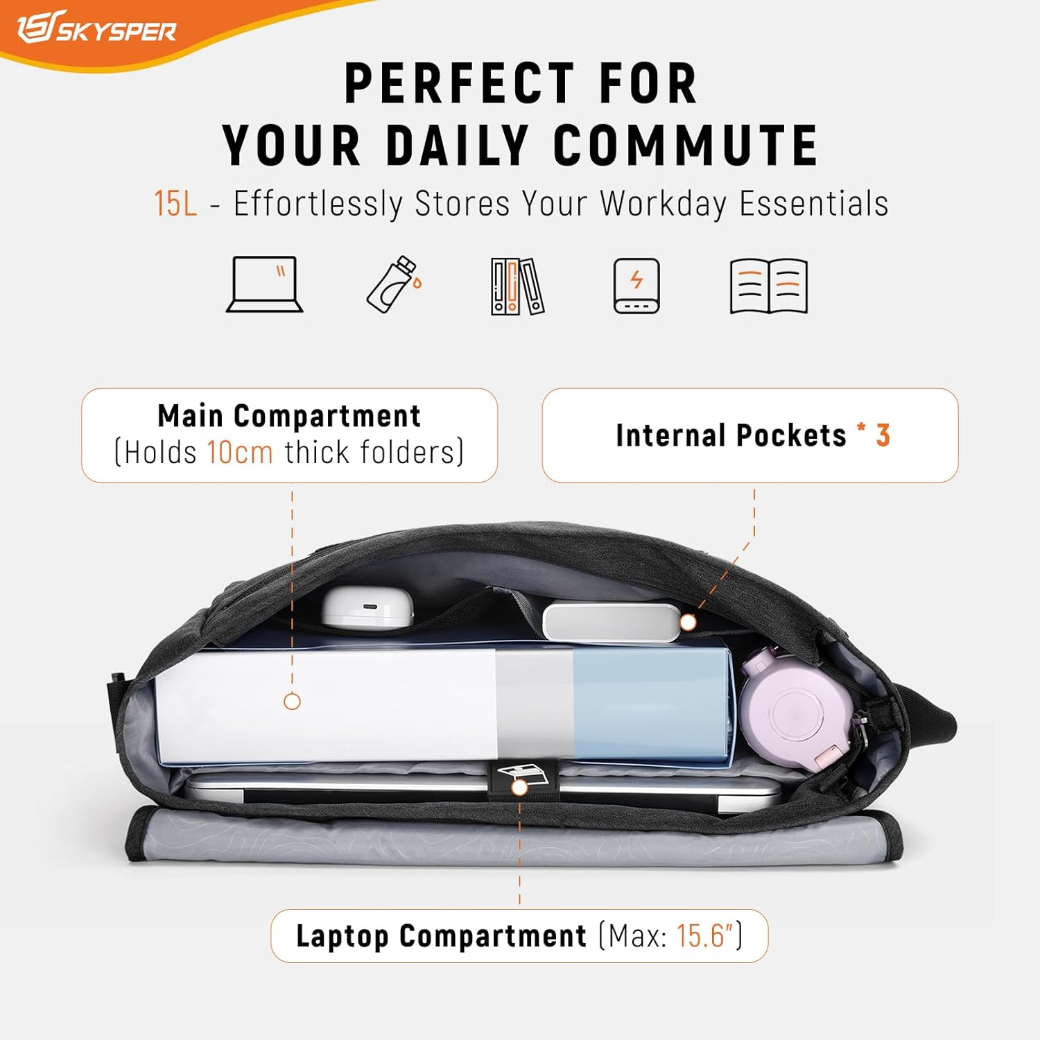 Thumbnail 3 de SKYSPER URBANX15 Messenger Bag – 15,6-Zoll-Laptoptasche mit RFID-Schutz, Schwarz