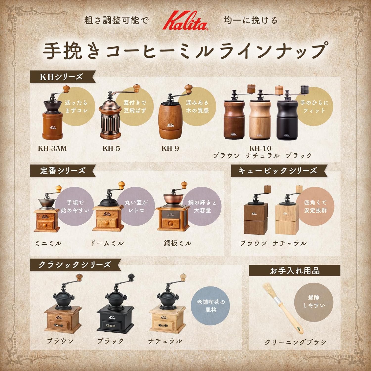 Detalle de カリタ #44301 コーヒーミル用クリーニングブラシ 豚毛・ラバーウッド柄 185mm