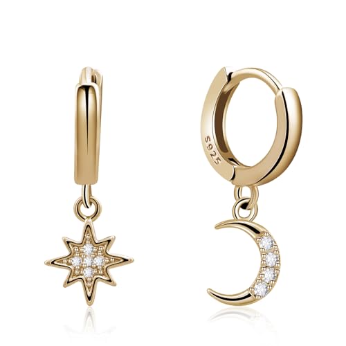 Detalle de 14K Gold Plated Moon and Star Earrings – 925 Sterling Silver Hoop Earrings for Women