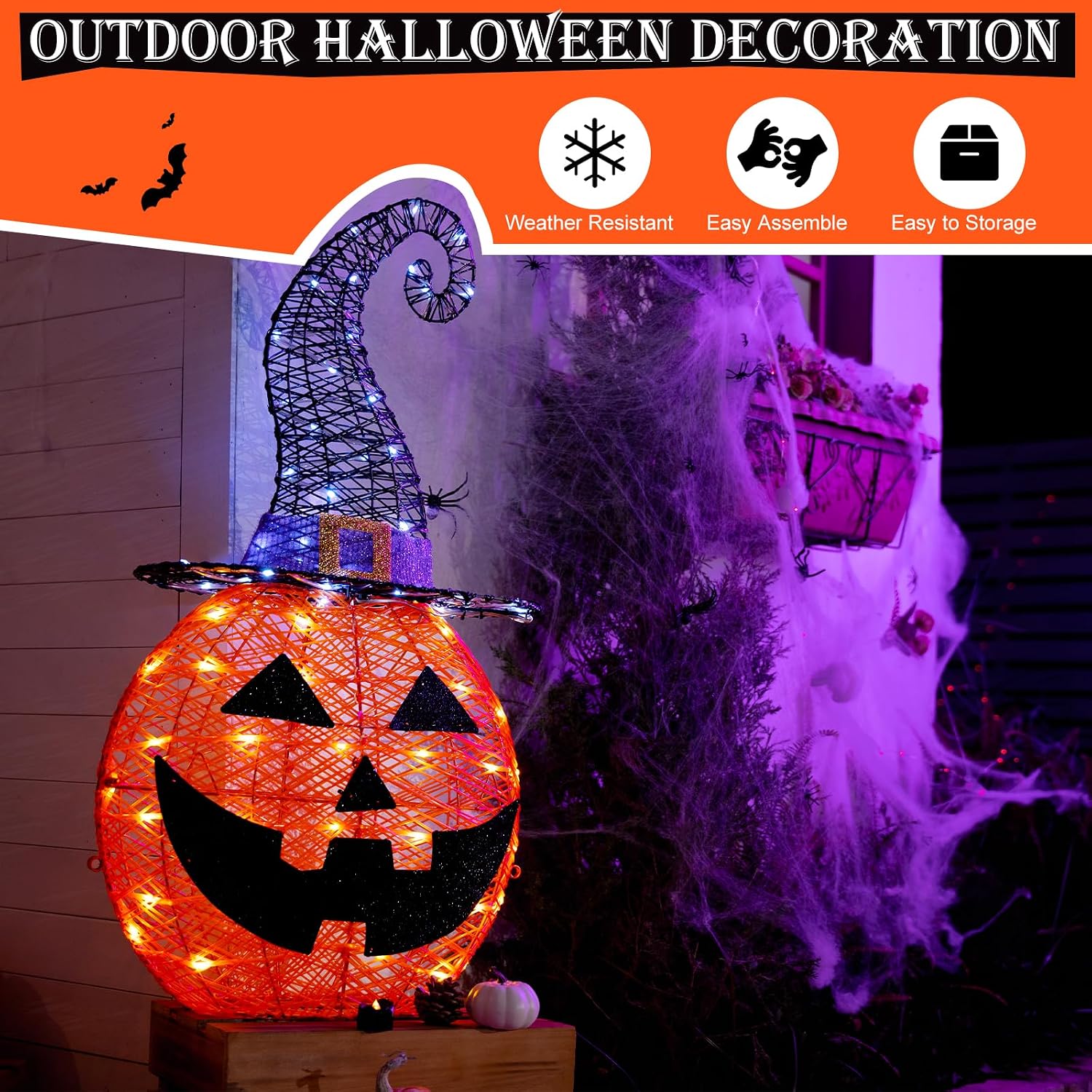 Detalle 2 de MARACOL PUMPKIN-RA Lighted Halloween Pumpkin with Witch Hat, 75 LEDs