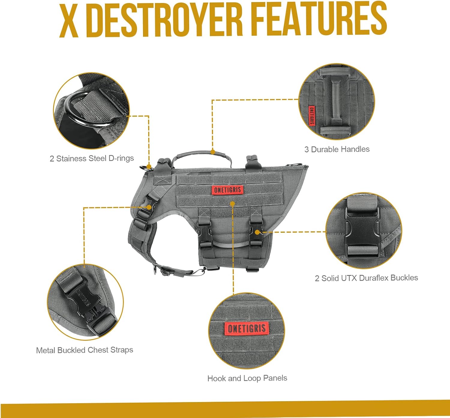 Thumbnail 3 de OneTigris Large Tactical Dog Harness (No Pulling Adjustable) with Handle, MOLLE & Patch Panels