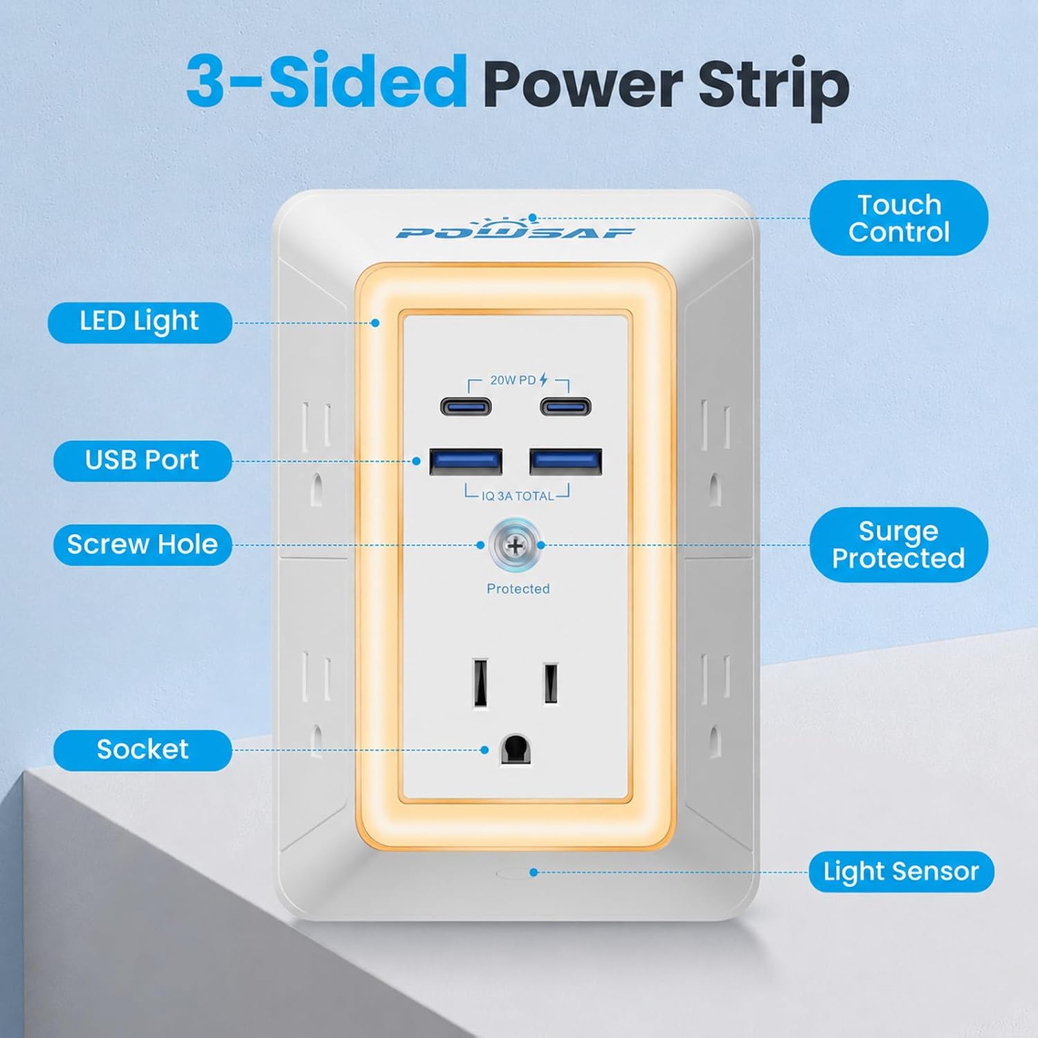 Detalle de POWSAF Wall Outlet Surge Protector with 5 Outlets