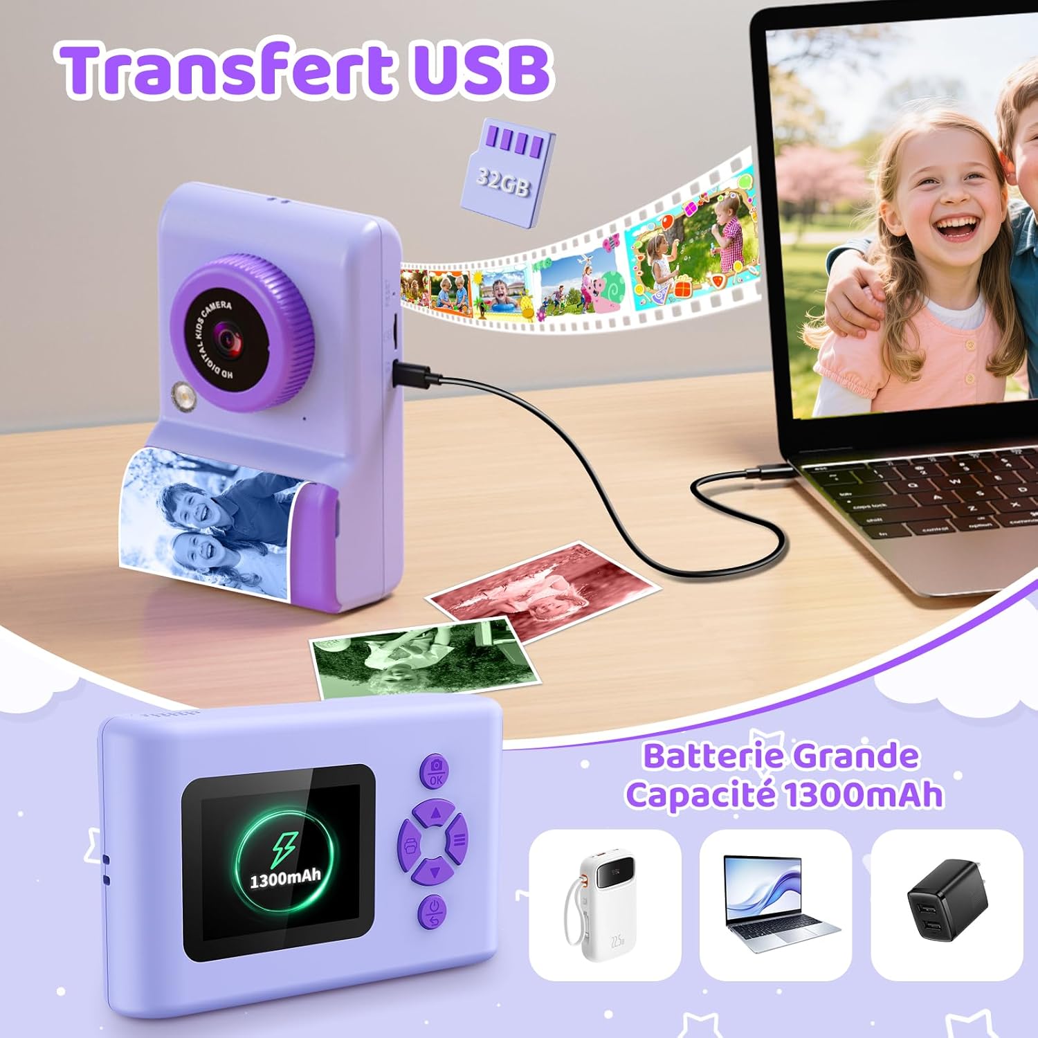 Thumbnail 6 de Appareil photo instantané enfant CHAKEYAKE 20 MP, écran 2,4 pouces et impression thermique (violet)