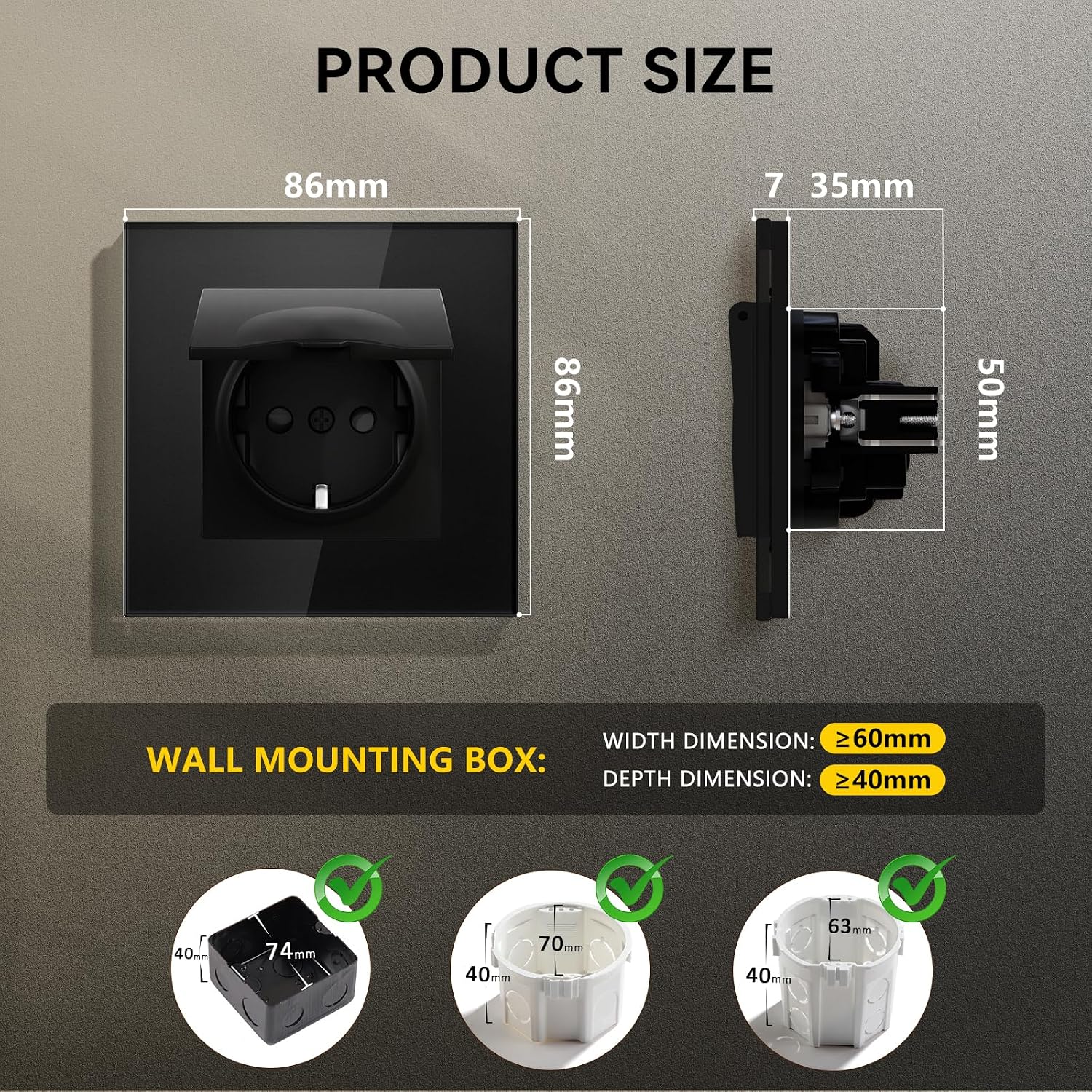 Thumbnail 1 de BSEEDLIFE Schuko Steckdose mit wasserdichter Abdeckung (Unterputz 86 × 86 mm) – 16 A, Glasrahmen, schwarz