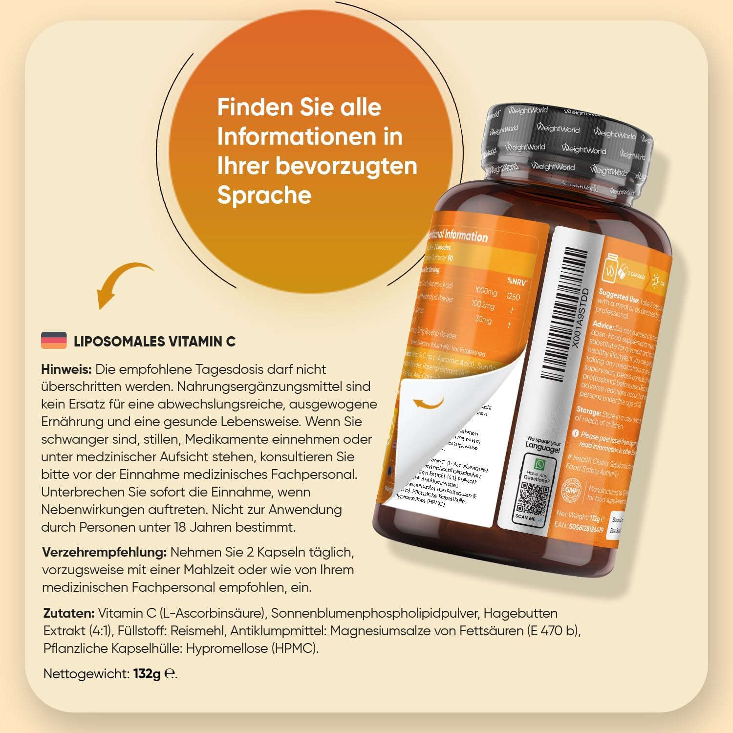 Detalle de WeightWorld Liposomales Vitamin C 1000 mg (180 vegane Kapseln) mit Sonnenblumenphospholipiden & Hagebutte