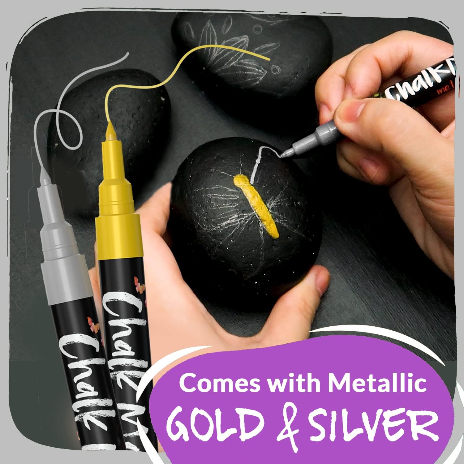 Detalle 2 de Liquid Chalk Pens (10 Pack) with Gold & Silver – Extra Fine Tip dry erase markers for blackboards, windows & signs