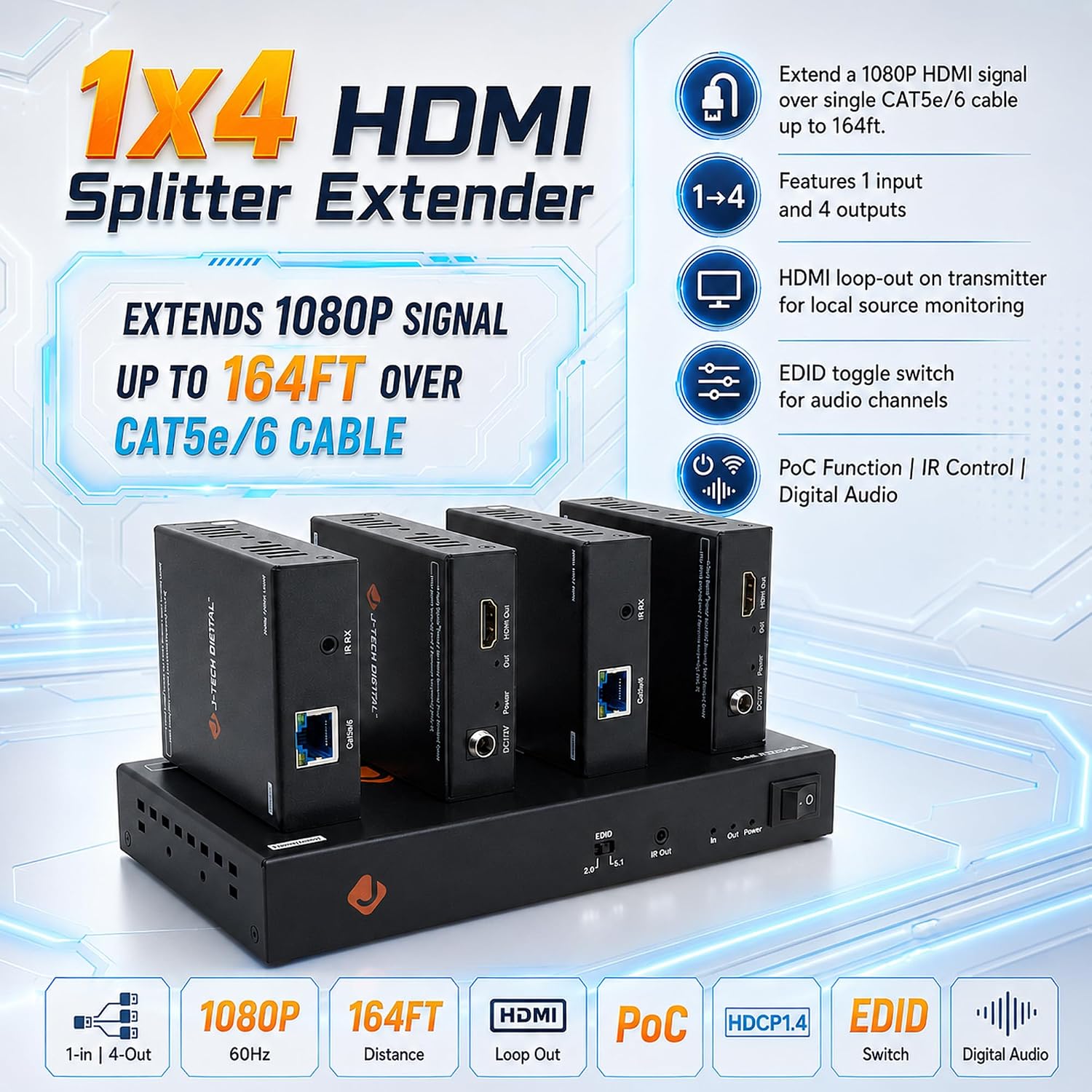 Detalle de J-Tech Digital HDMI Extender Splitter 1x4 Over Single CAT5e/6 Cable with PoC, IR, and EDID Switch