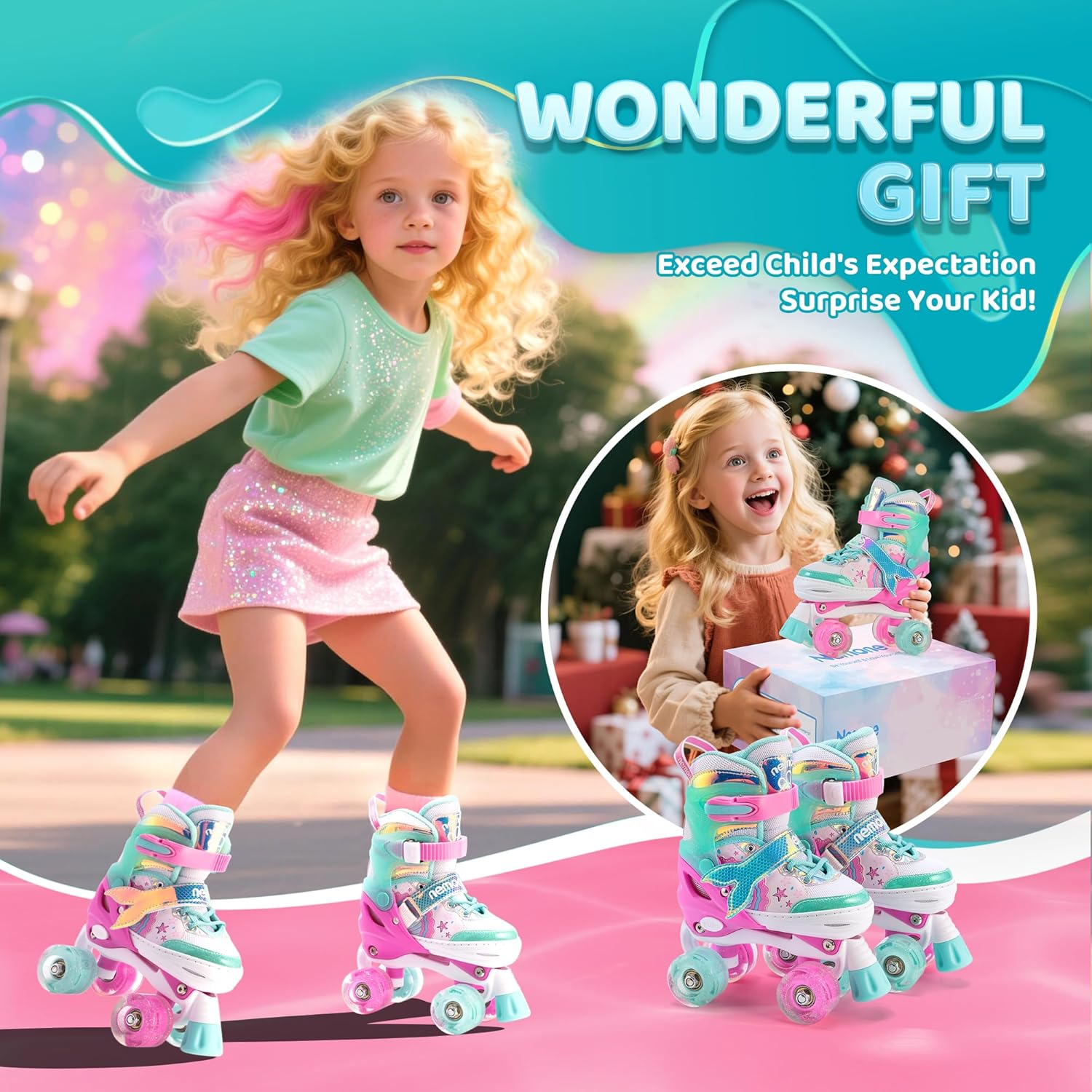 Thumbnail 3 de NEMONE Mermaid Light-Up Adjustable Roller Skates (4-Size) for Girls, Purple-Blue