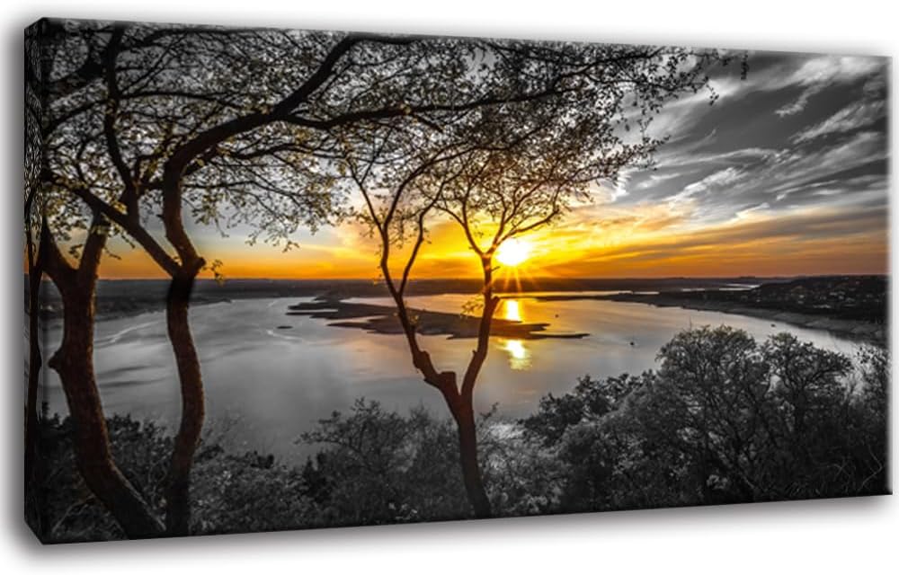 Detalle de Bamdeya Black and White Red Forest Canvas Wall Art, Framed 24 x 48-Inch Landscape Print