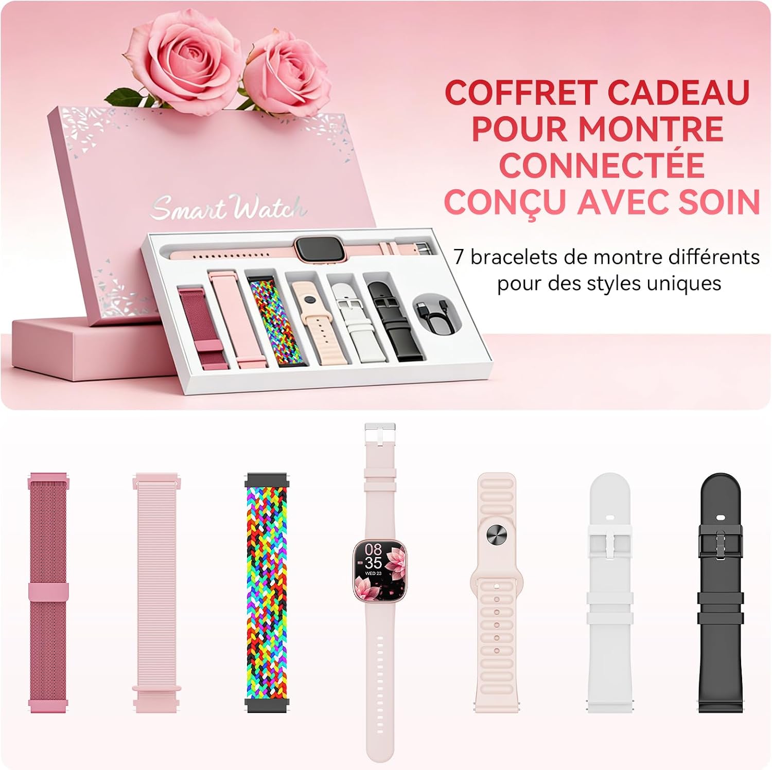 Detalle 2 de Montre Connectée Femme – 7 Bracelets et Coffret Cadeau, Écran HD 1,83'', Appels Bluetooth et Suivi Santé (SpO2, HR, sommeil) – 100+ Modes Sportifs
