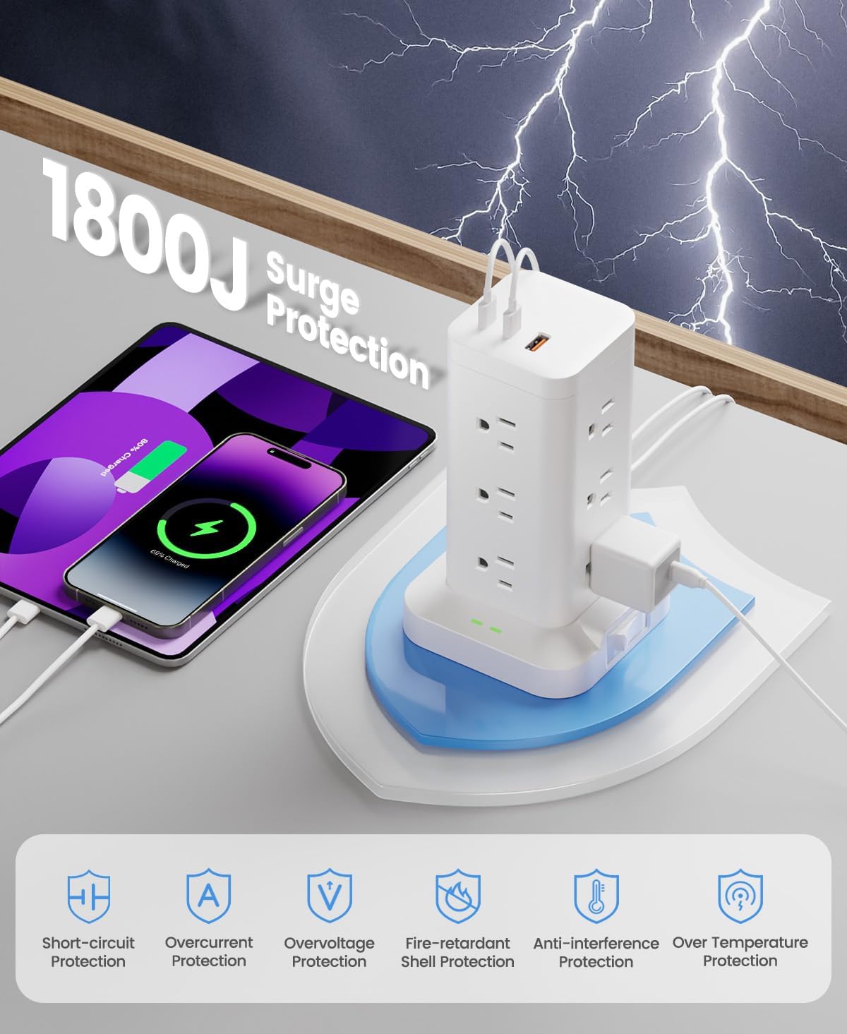 Thumbnail 4 de Power Strip Tower with Surge Protector 1800J (15-in-1) with PD20W USB-C, 12 AC Outlets, 10ft Extension Cord, White