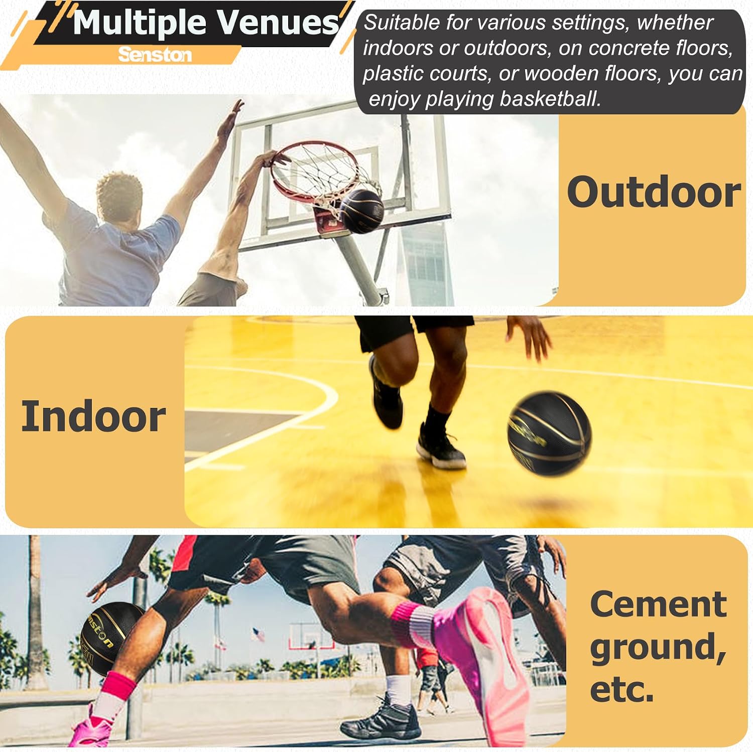 Thumbnail 4 de Senston LQ Size 7 Basketball, 29.5-Inch Rubber, Black/Gold, with Pump