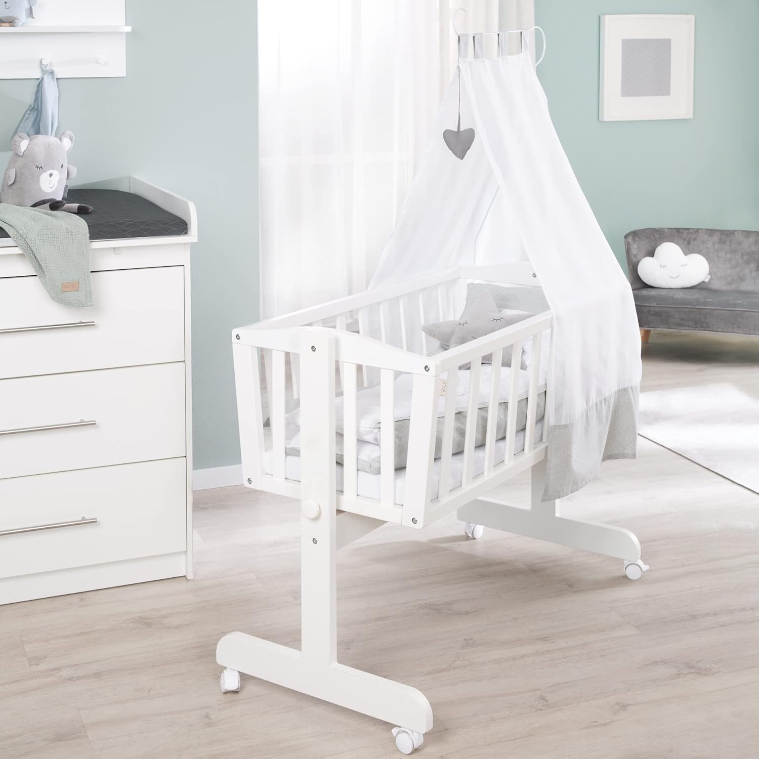 Detalle de Berceau Heartbreaker 40x90 cm avec fonction basculante et fixe – Set complet avec textiles inclus