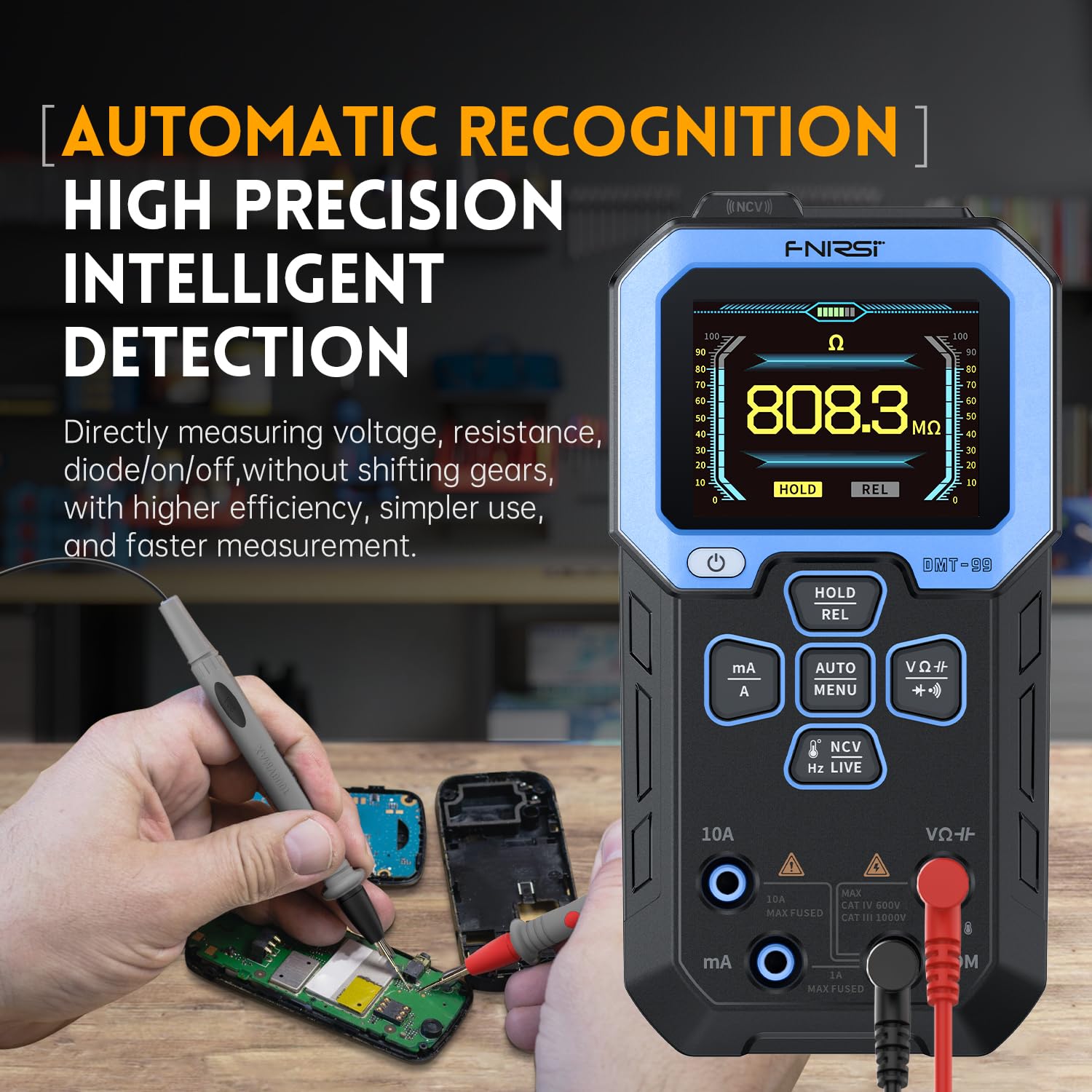 Detalle 2 de FNIRSI DMT-99 Digital Multimeter (TRMS) with Recording, Monitoring, and Rechargeable Battery