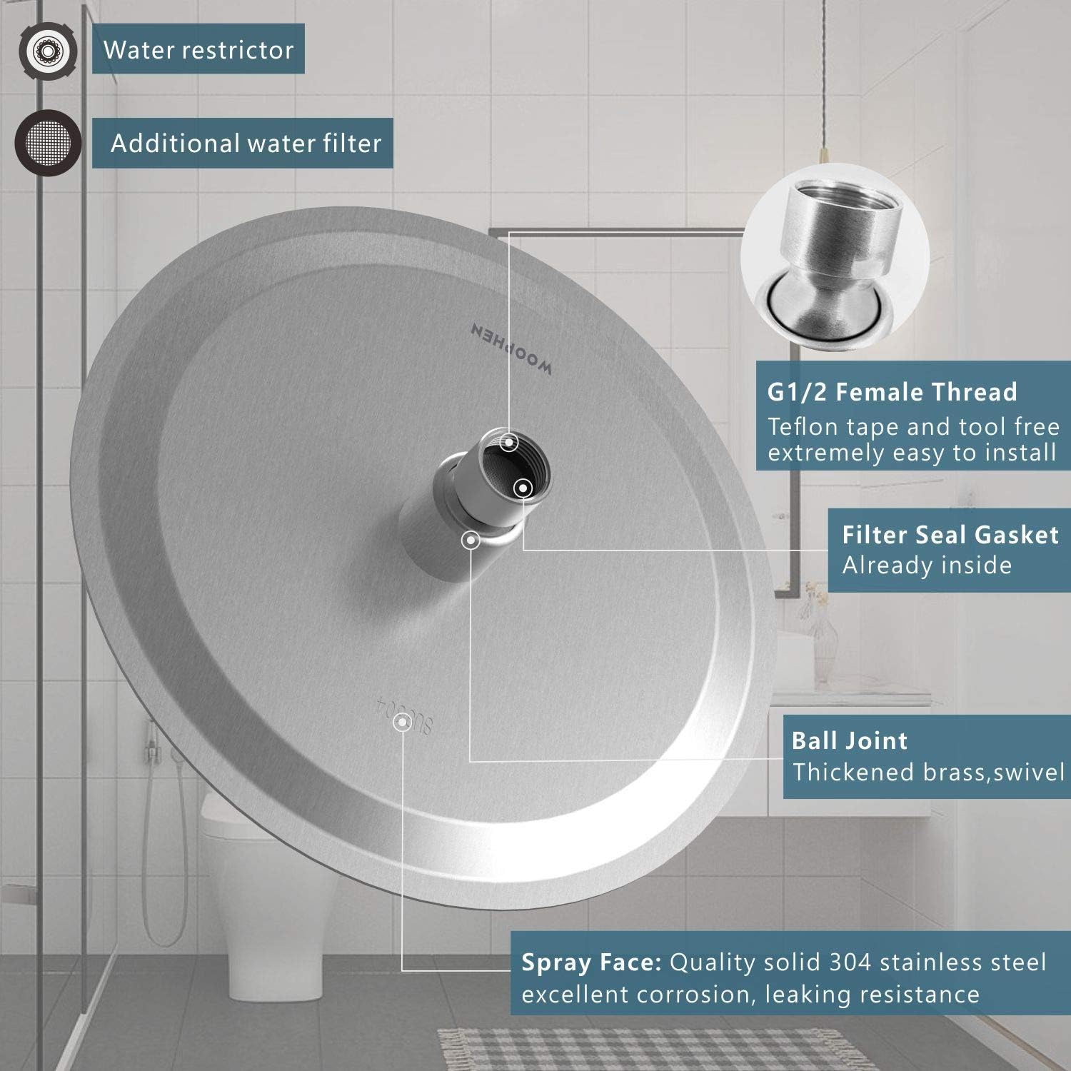 Thumbnail 2 de WOOPHEN 8 Inch High Pressure Rain Shower Head (304 Stainless Steel, Brushed Nickel)