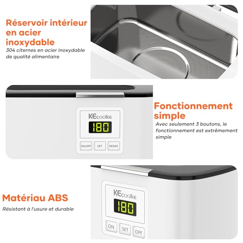 Detalle de KECOOLKE Nettoyeur à ultrasons 600 mL, 48 kHz, cuve en acier inoxydable
