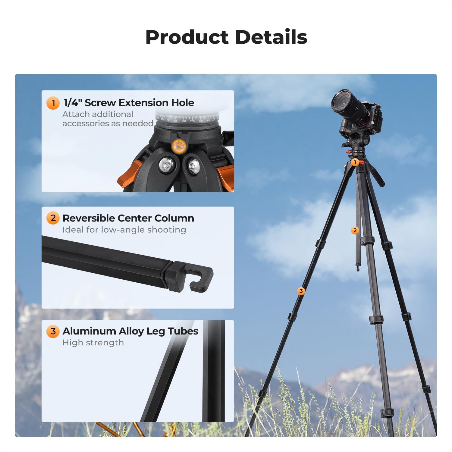 Thumbnail 4 de K&F CONCEPT 73” Camera Tripod with Fluid Head review
