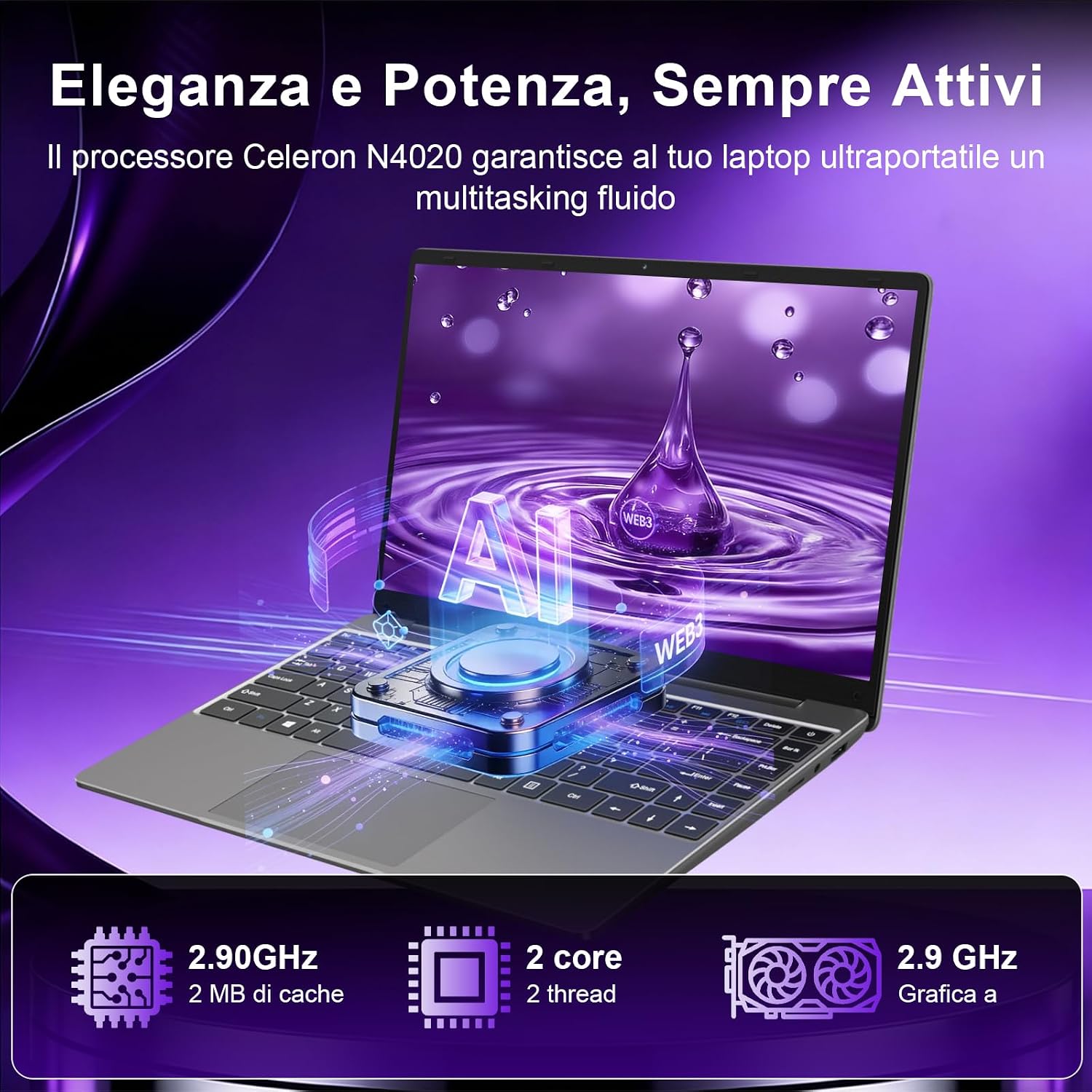 Thumbnail 2 de bvate PC Portatile 14'' con Windows 11, 256 GB SSD, Celeron N4020, espansione SSD fino a 1 TB – Grigio
