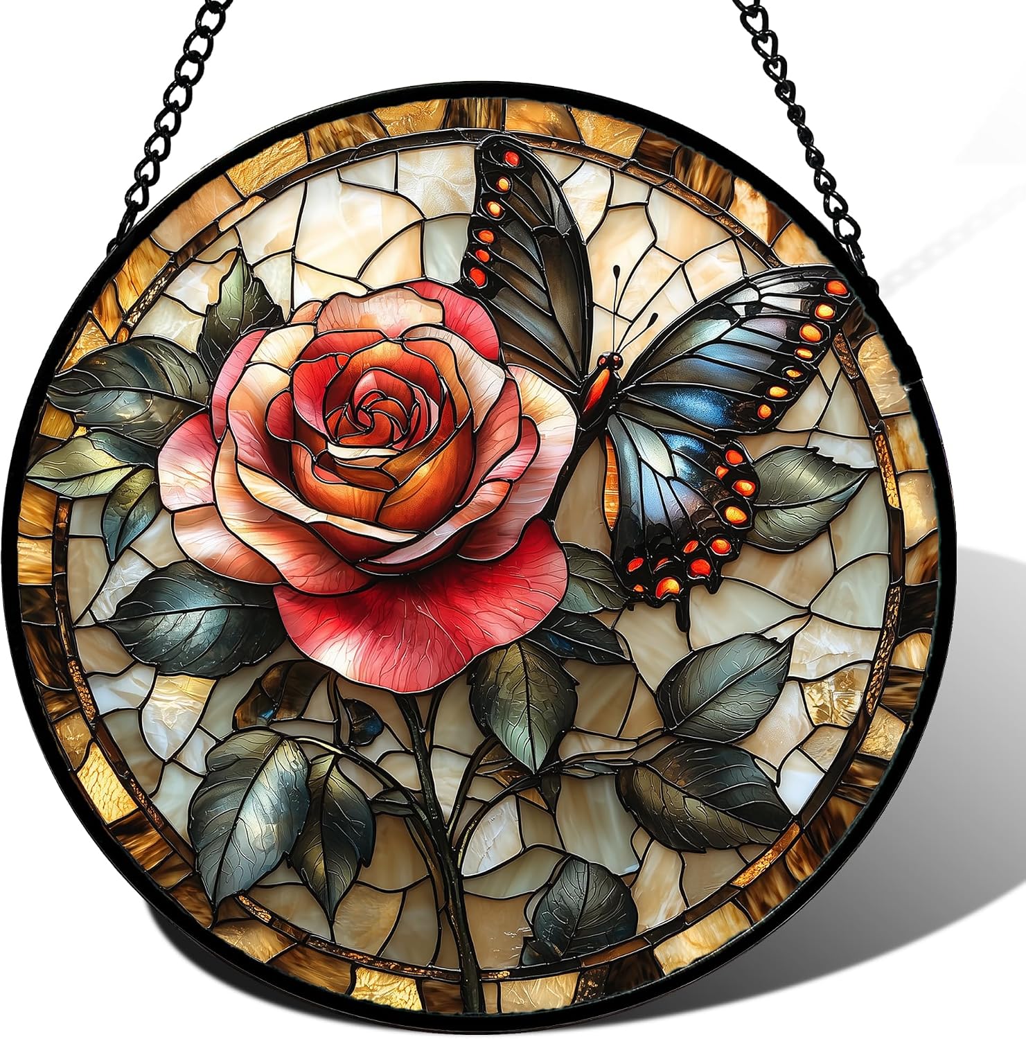Detalle de HWRHTR Stained Glass Window Hanging, Red Rose & Black Butterfly Suncatcher, 6.3 x 6.3 in