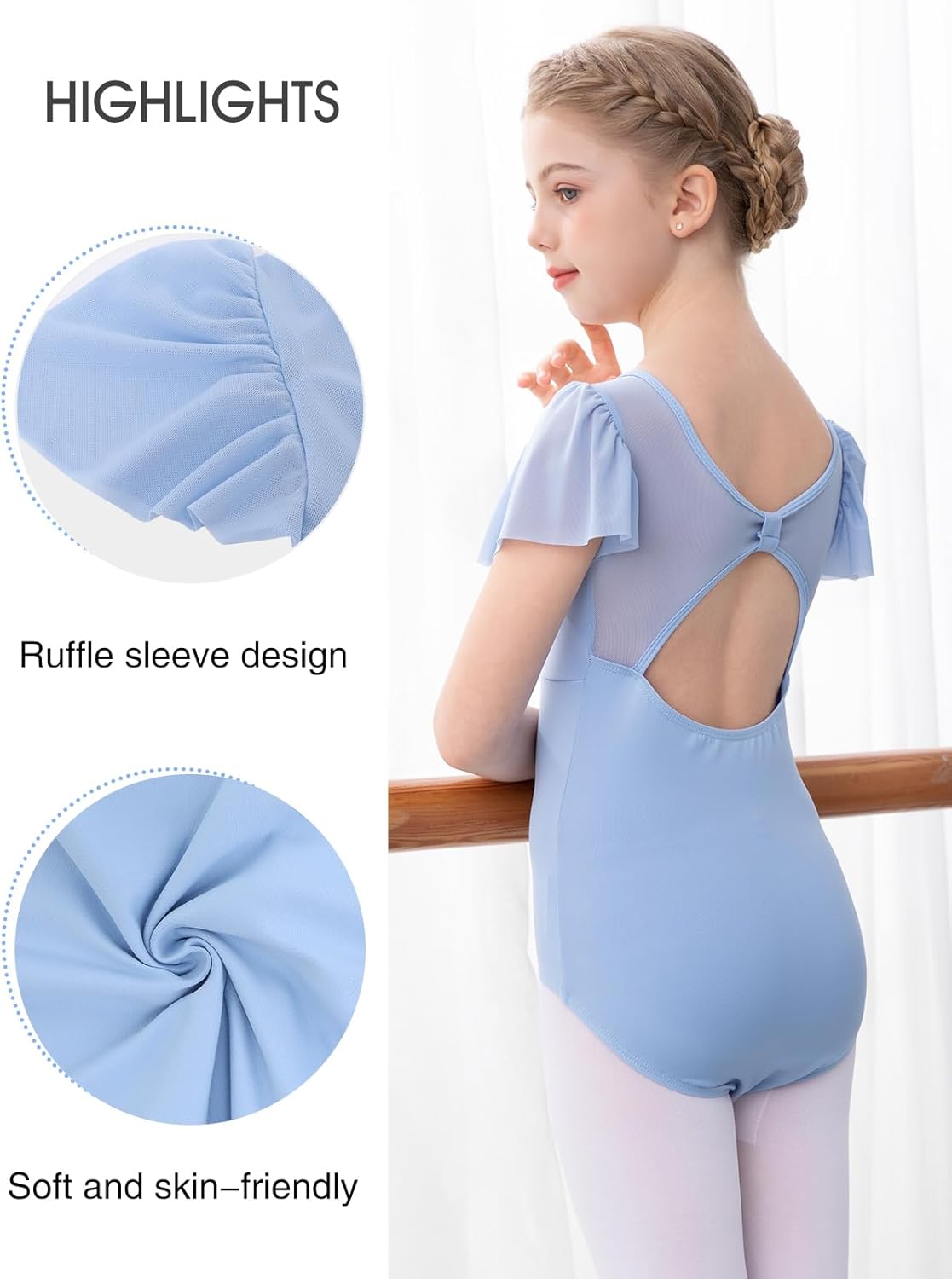 Detalle de Bezioner Girls Ballet Leotards (Puff Sleeve) for ages 2–10
