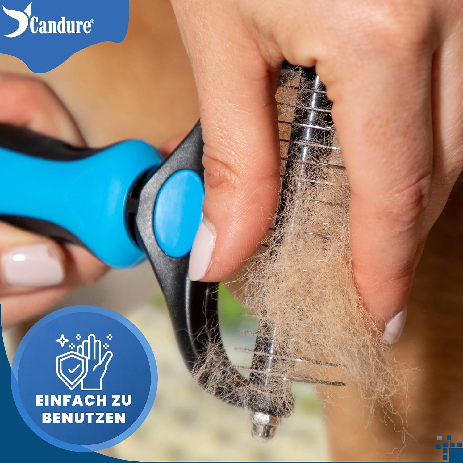 Detalle de Candure Professionelle Hunde- und Katzenbürste – Doppel-Seitenkamm für langes Fell, 9 + 17 Zähne, blau