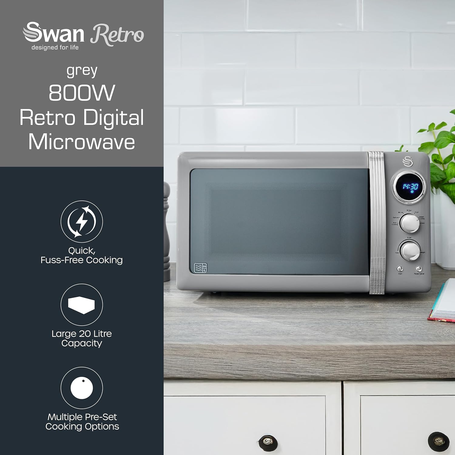 Thumbnail 1 de Swan Retro LED Digital Microwave Grey, 20L (800W) with Defrost Setting, SM22030LGRN