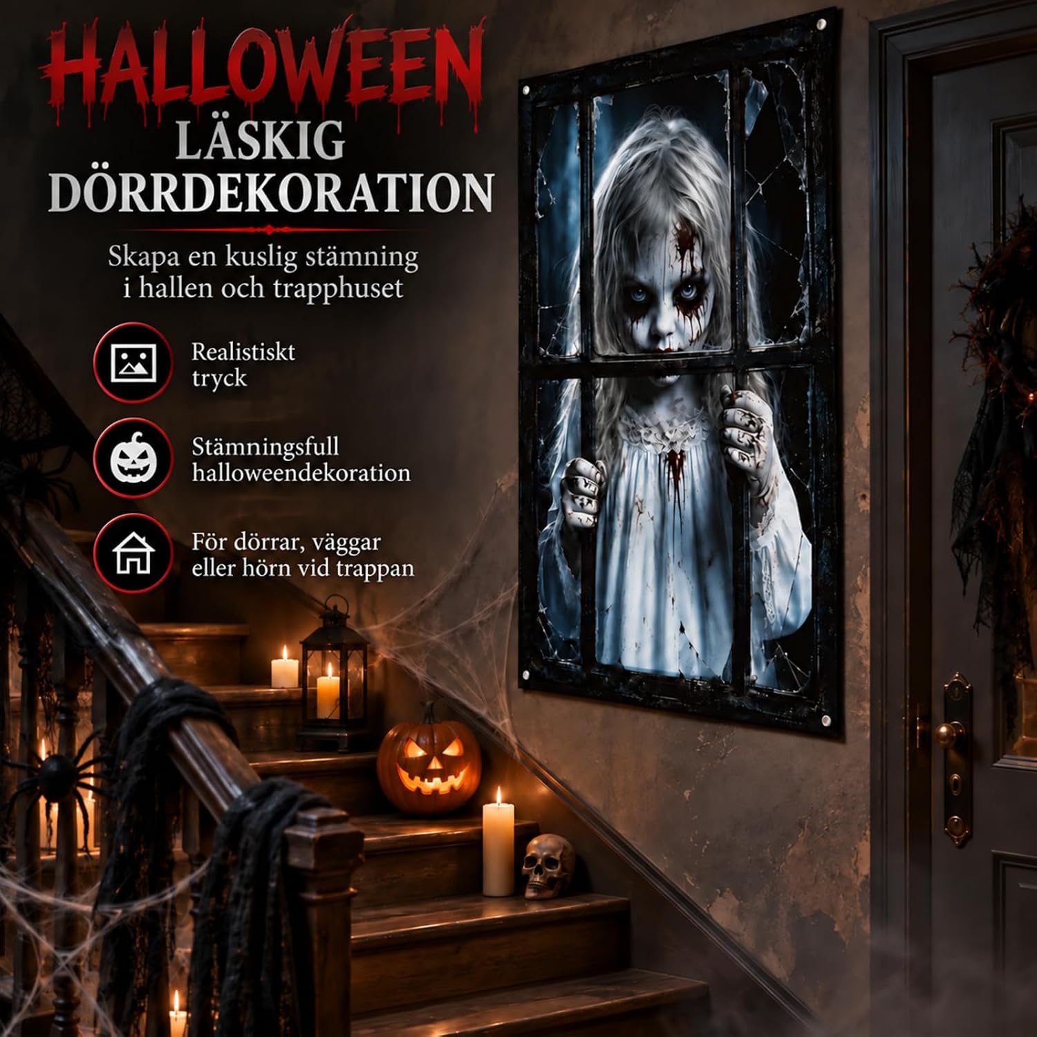 Detalle de Kaiyingxin 072901 Halloween-dekoration i tyg, 80 x 120 cm med spökmotiv