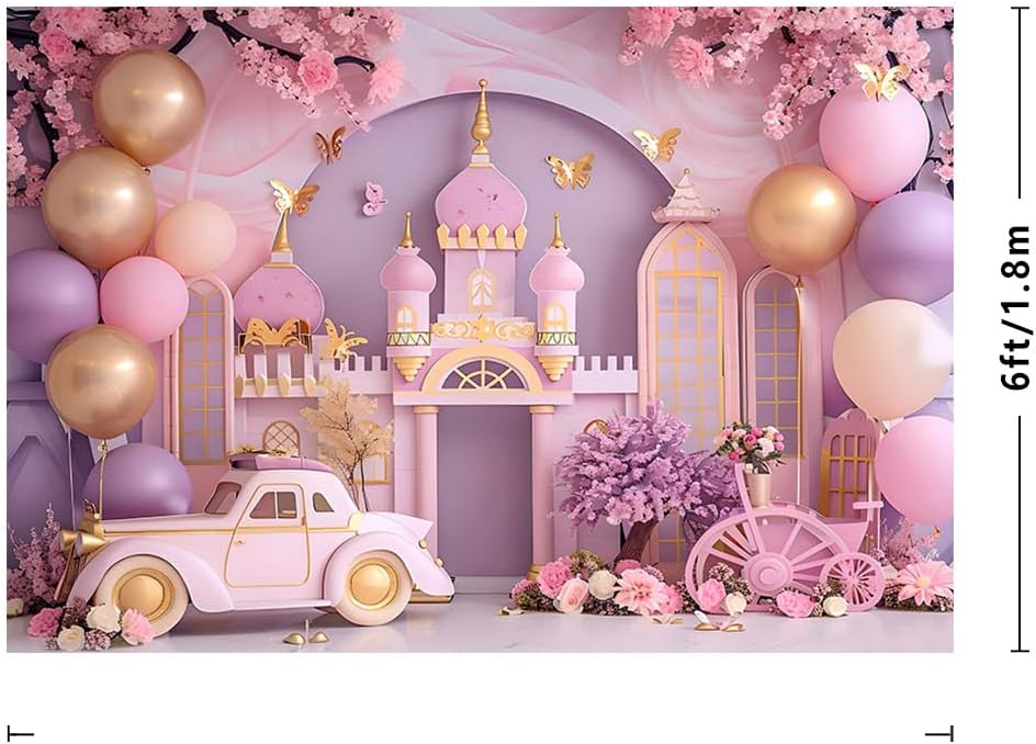 Thumbnail 2 de MEHOFOND 8x6ft Girl Birthday Photography Backdrop (Pink Balloon Castle & Floral Design)