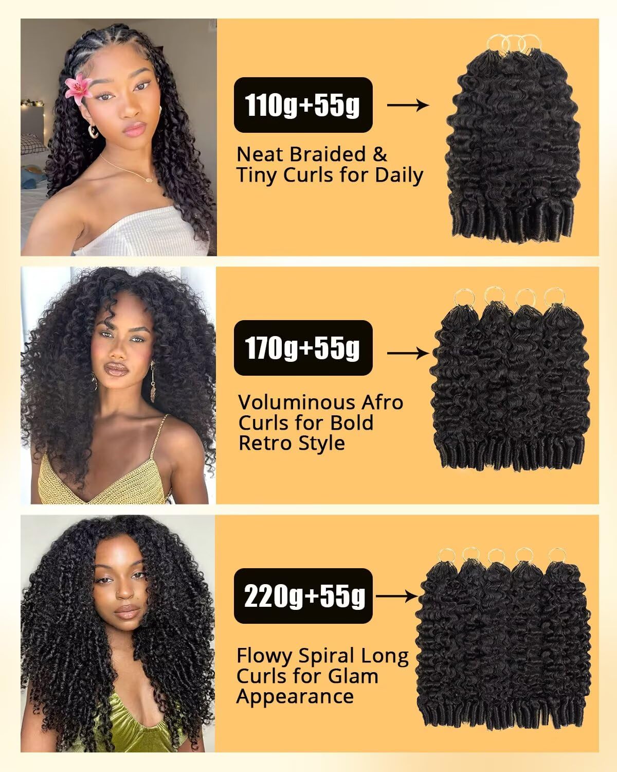 Thumbnail 3 de ISHOW Burmese Curly Crochet Hair 16", 55g, 40 Strands, Pre-Looped, Natural Black