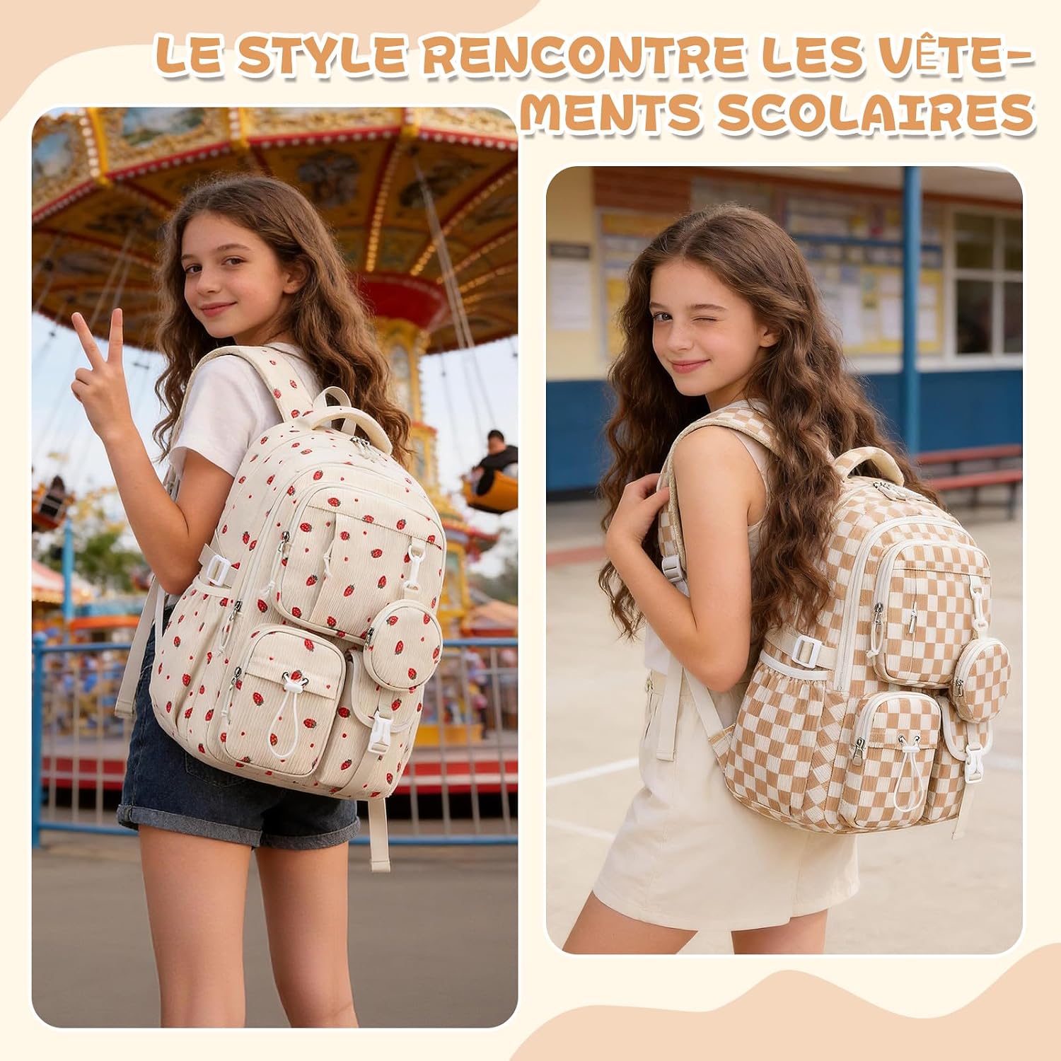 Detalle de Sisipoet Sac à Dos Velours Côtelé Damier, Cartable Avec Pochette Ronde – idéal pour l’école