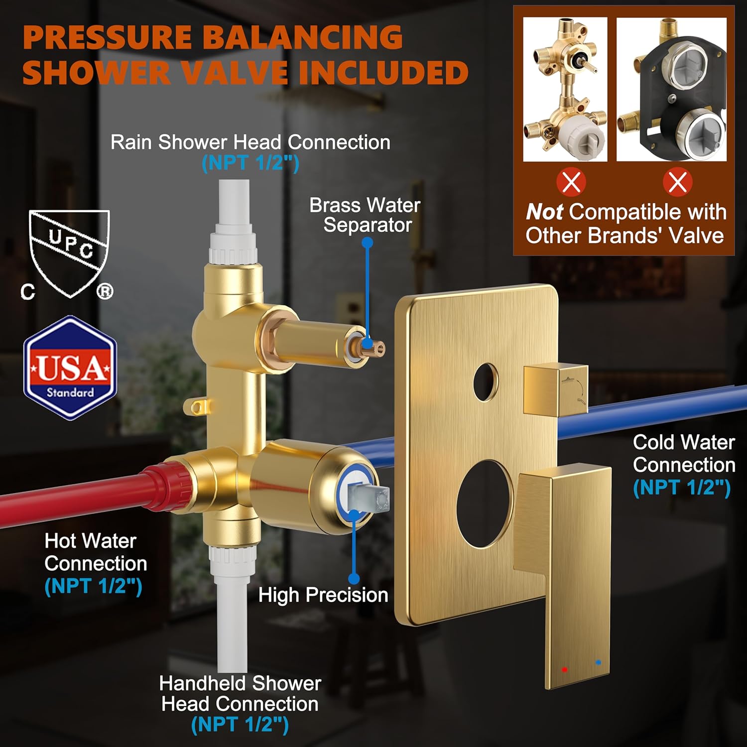 Detalle de Kurpot K103906BG Shower System, 10-Inch Brushed Gold Rain Head and Handheld
