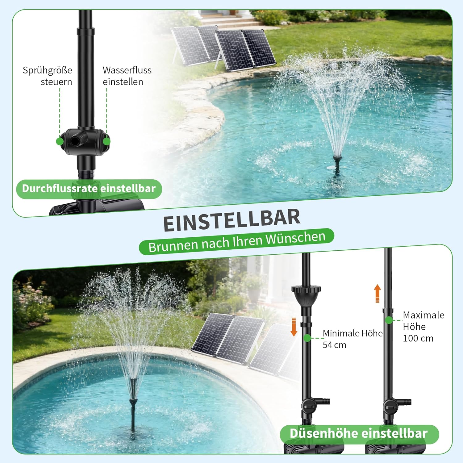 Detalle de POPOSOAP Pompe solaire de bassin - 100 W, débit réglable jusqu’à 4500 l/h, 3 buses et doubles panneaux solaires