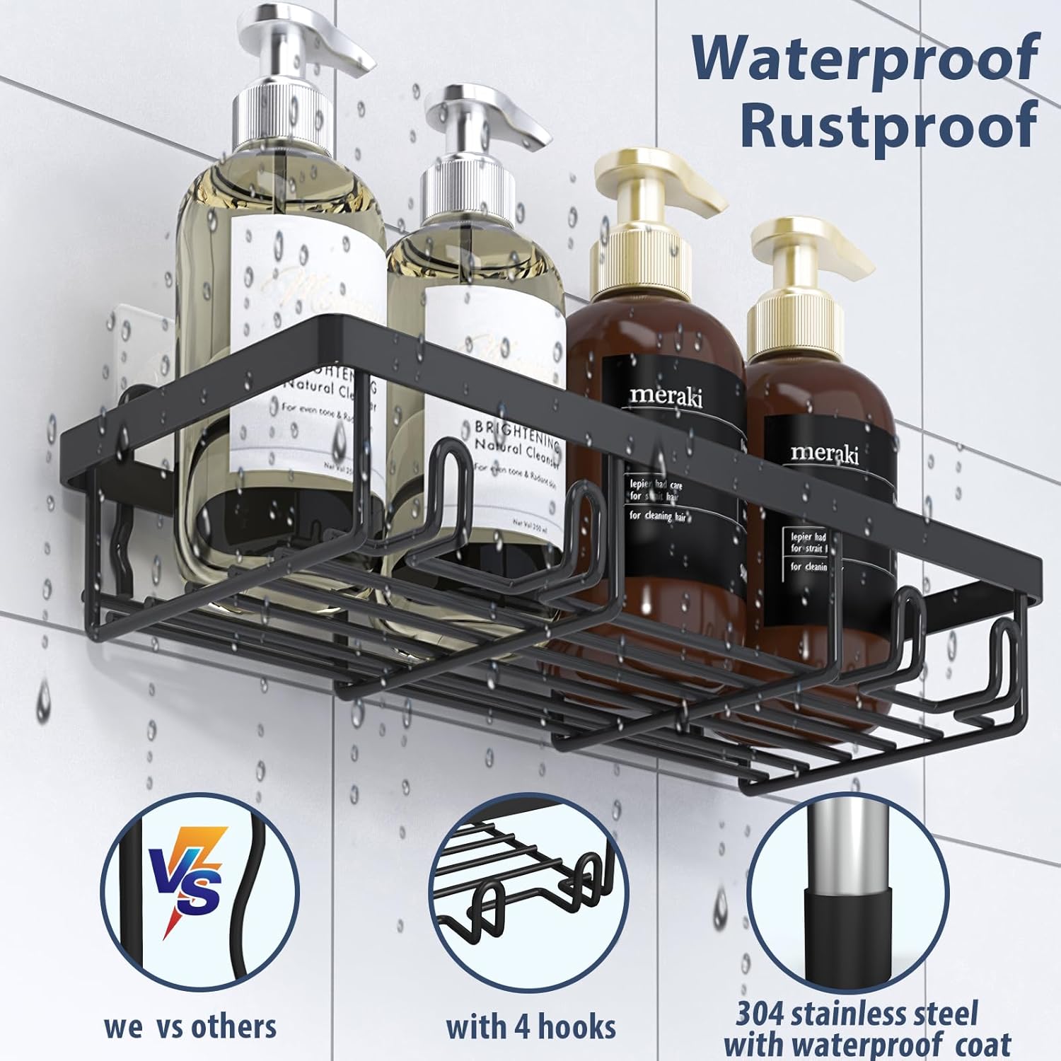 Thumbnail 4 de Liuoud 5-Pack Shower Caddy Organizer Rack – Adhesive Stainless Steel Wall Shelf Set (Black)