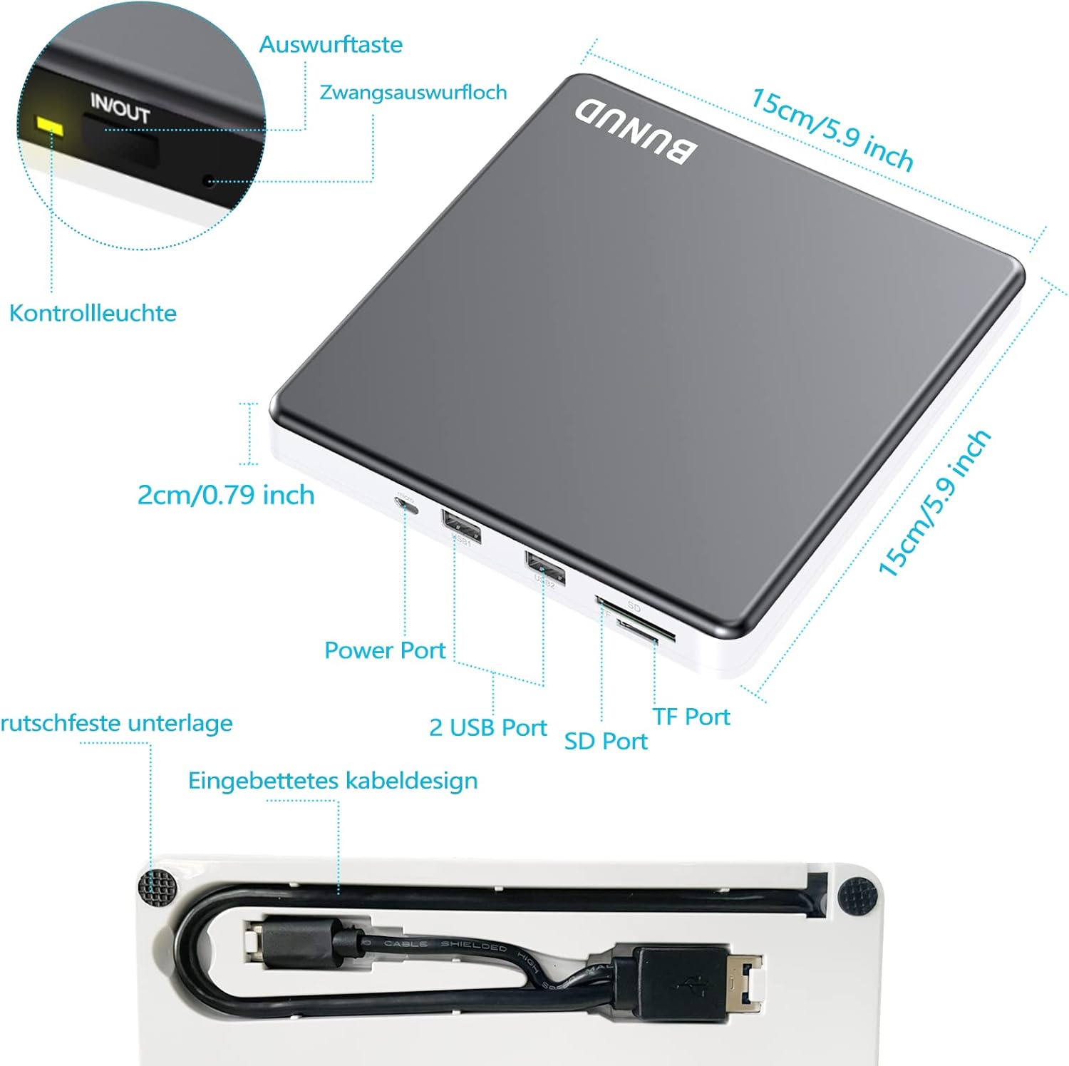 Thumbnail 2 de BUNUD externes CD/DVD-Laufwerk für Laptop (USB-C/USB 3.0) mit SD/TF & 2 USB-Ports